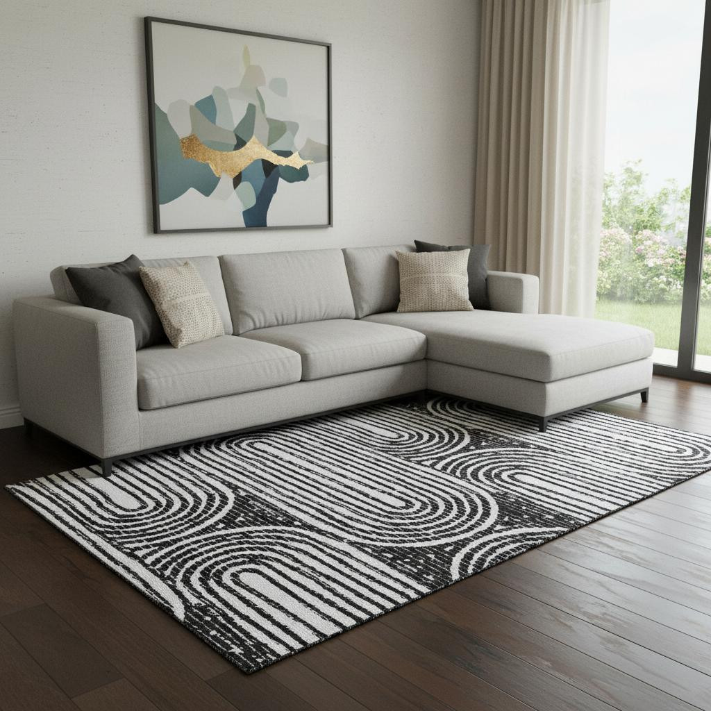 648226 10 x 14 ft. Black & Ivory Geometric Contemporary Washable Machine Made Rectangle Area Rug with UV Protection