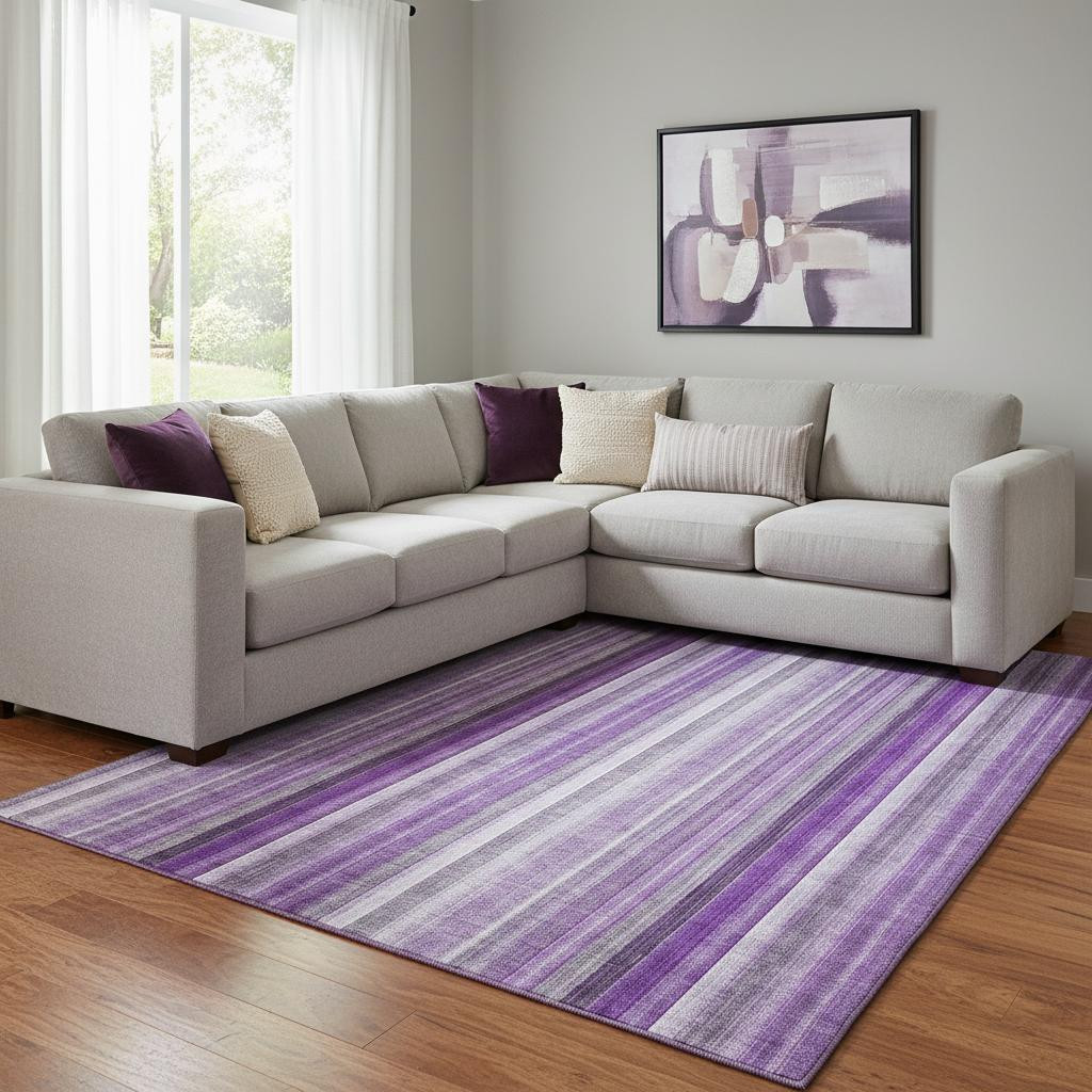 648406 10 x 14 ft. Purple & Ivory Striped Transitional Washable Machine Made Rectangle Area Rug with UV Protection