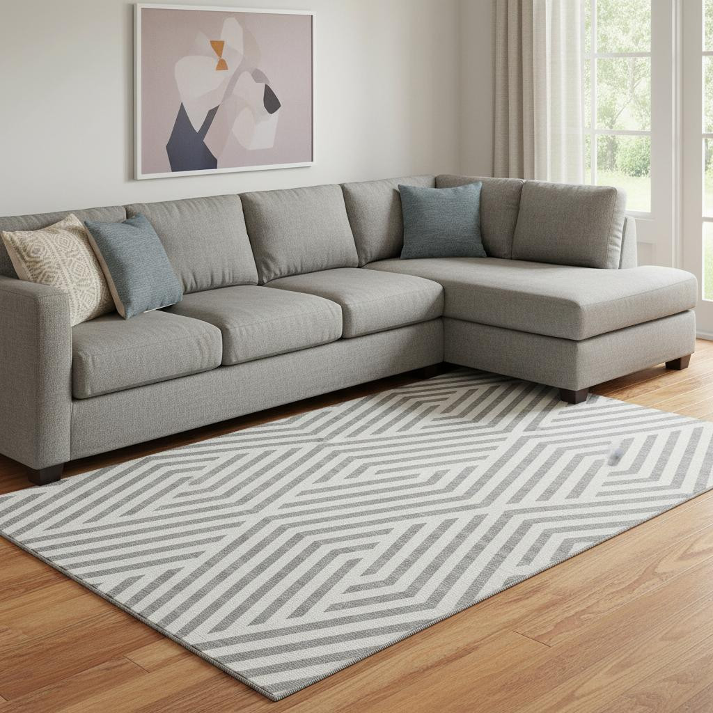 648544 10 x 14 ft. Gray & Ivory Geometric Transitional Washable Machine Made Rectangle Area Rug with UV Protection
