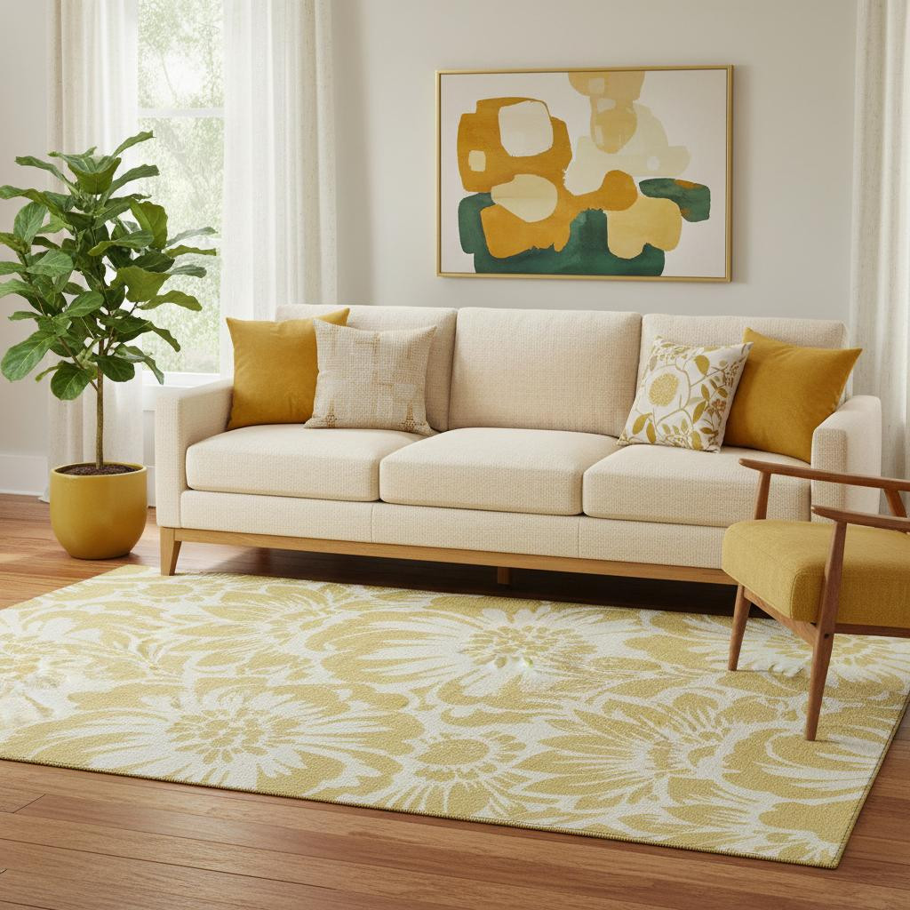 648642 5 x 8 ft. Gold & Ivory Floral Transitional Washable Machine Made Rectangle Area Rug with UV Protection