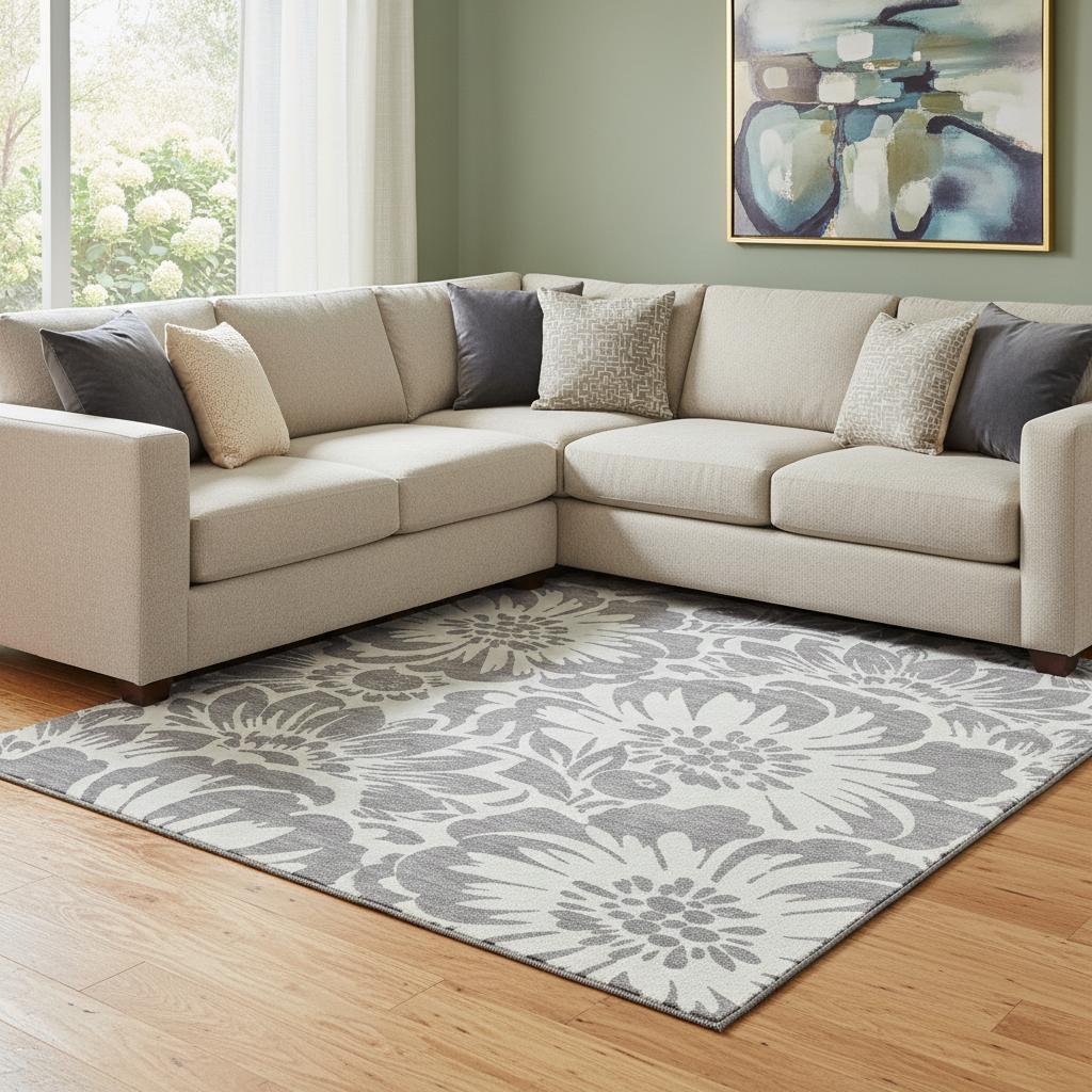 648652 10 x 14 ft. Gray & Ivory Floral Transitional Washable Machine Made Rectangle Area Rug with UV Protection