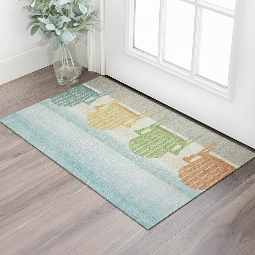 645356 3 x 5 ft. Aqua, Green & Orange Nautical Washable Machine Made Rectangle Area Rug with UV Protection
