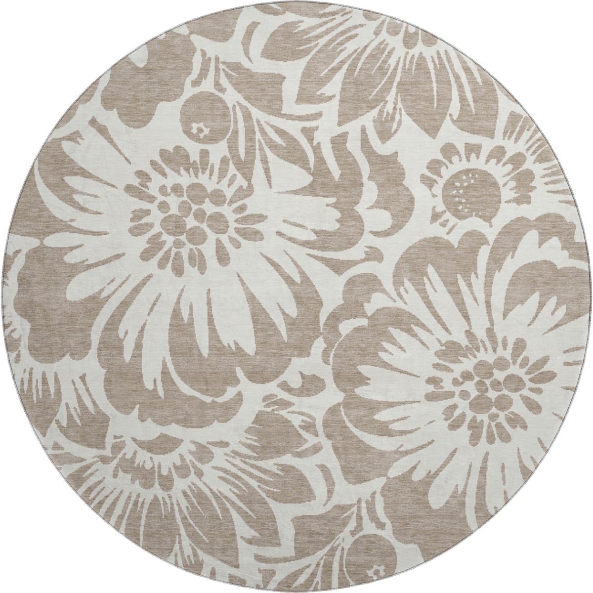648703 8 ft. Taupe & Ivory Floral Transitional Washable Round Area Rug with UV Protection