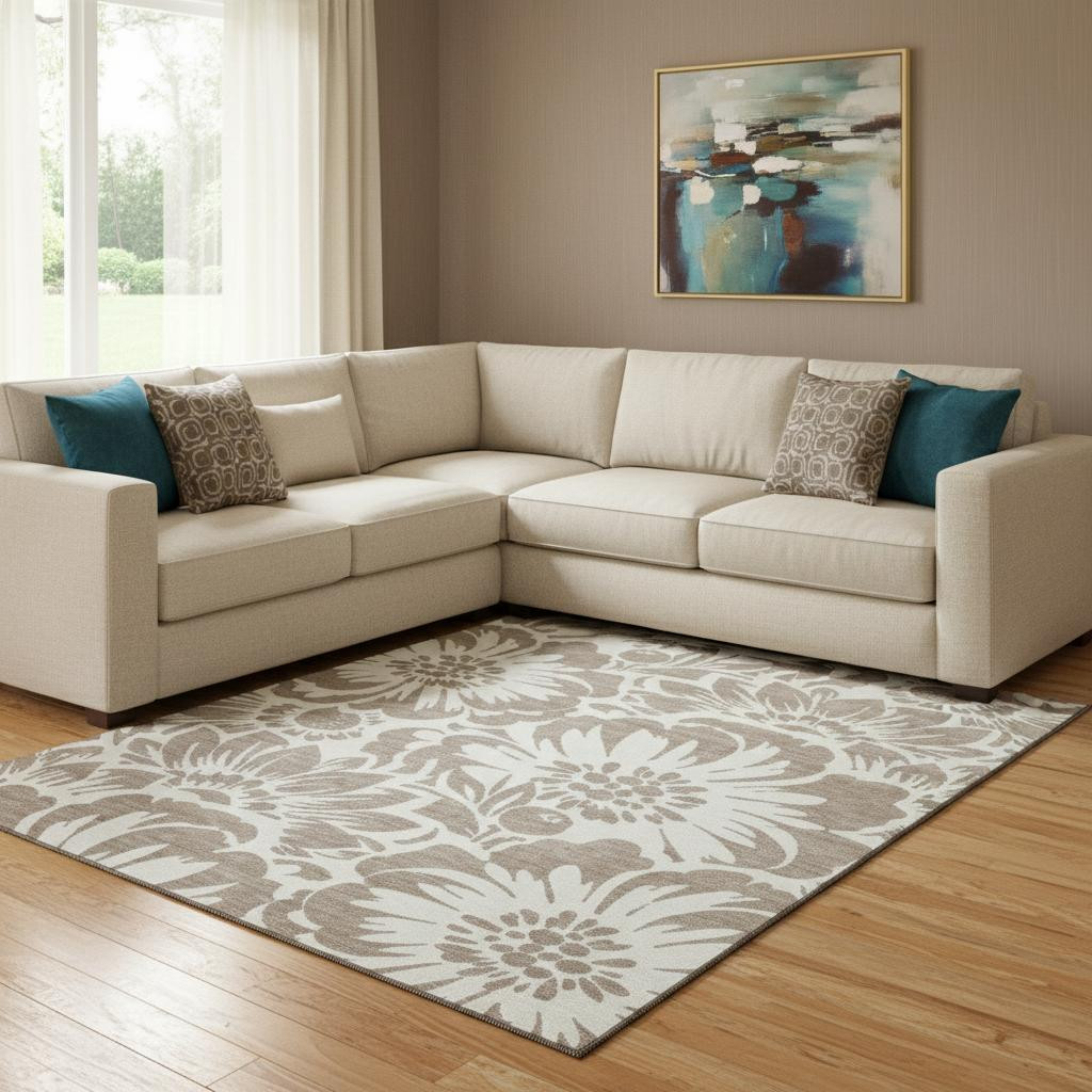 648706 10 x 14 ft. Taupe & Ivory Floral Transitional Washable Machine Made Rectangle Area Rug with UV Protection