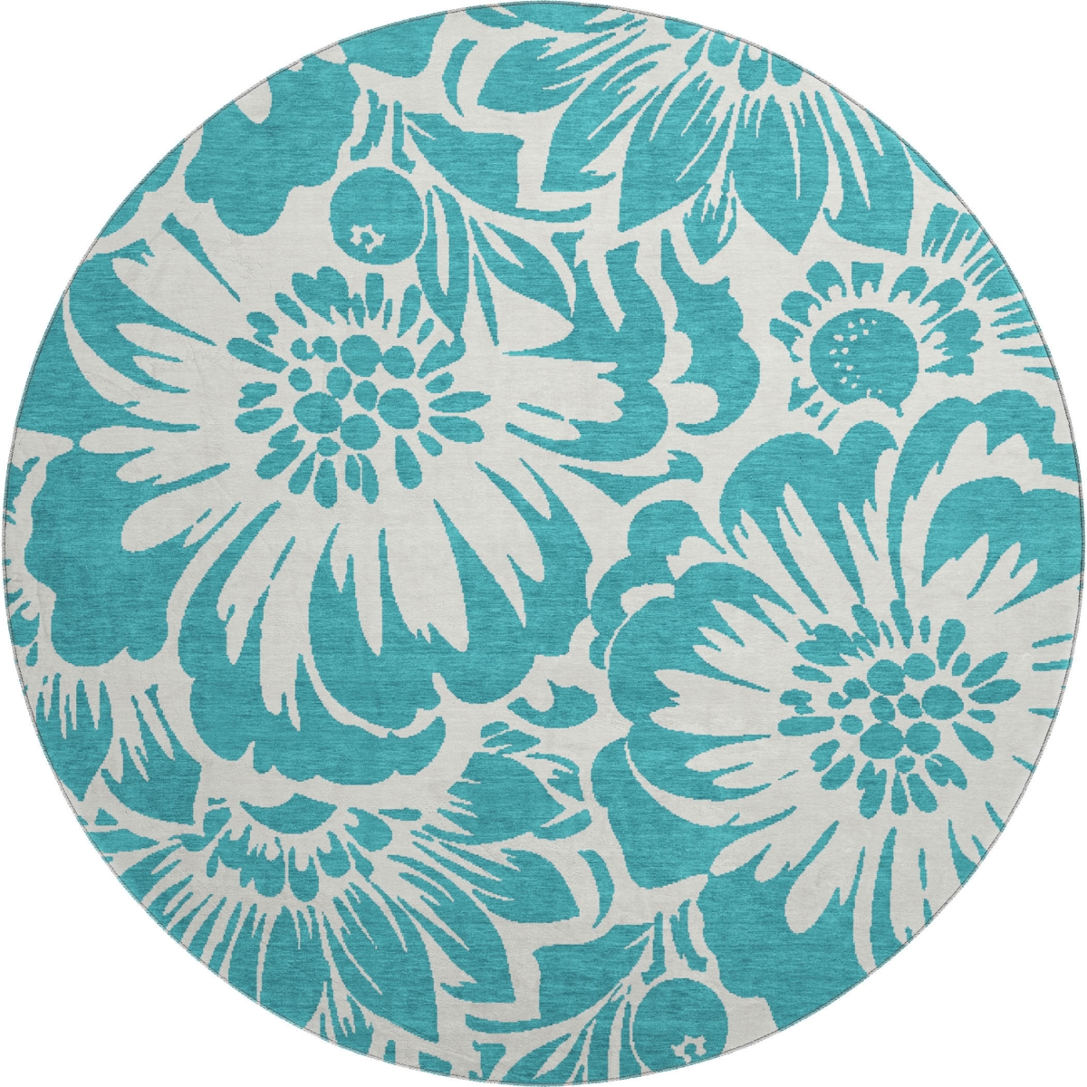 648709 8 ft. Teal & Ivory Floral Transitional Washable Round Area Rug with UV Protection