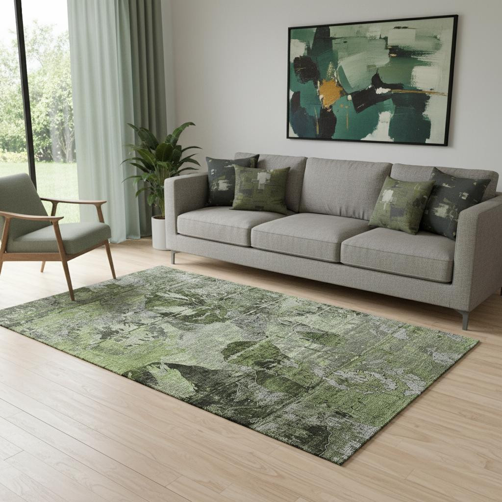 648852 5 x 8 ft. Green & Gray Abstract Transitional Washable Machine Made Rectangle Area Rug with UV Protection