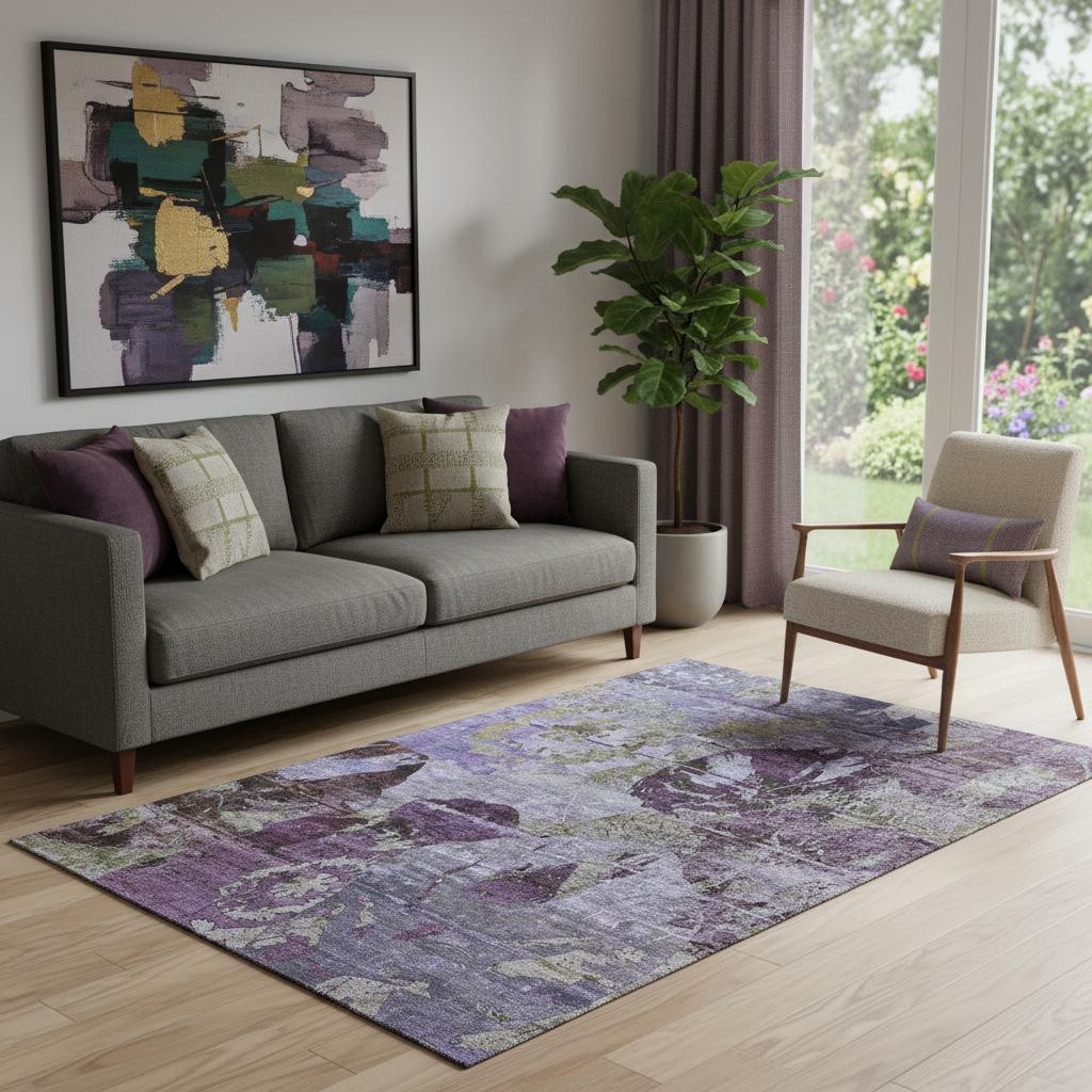 648864 5 x 8 ft. Purple & Gray Abstract Transitional Washable Machine Made Rectangle Area Rug with UV Protection