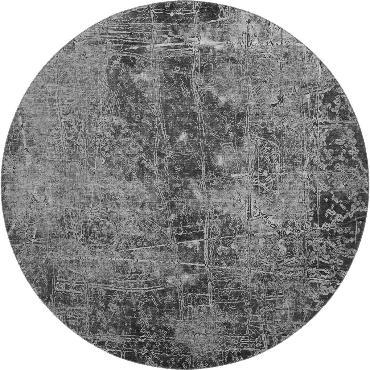 649027 8 ft. Gray & Ivory Abstract Transitional Washable Round Area Rug with UV Protection