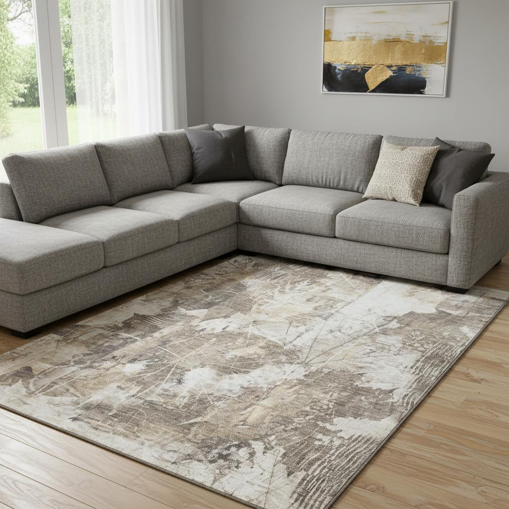 649066 10 x 14 ft. Beige & Ivory Floral Transitional Washable Machine Made Rectangle Area Rug with UV Protection
