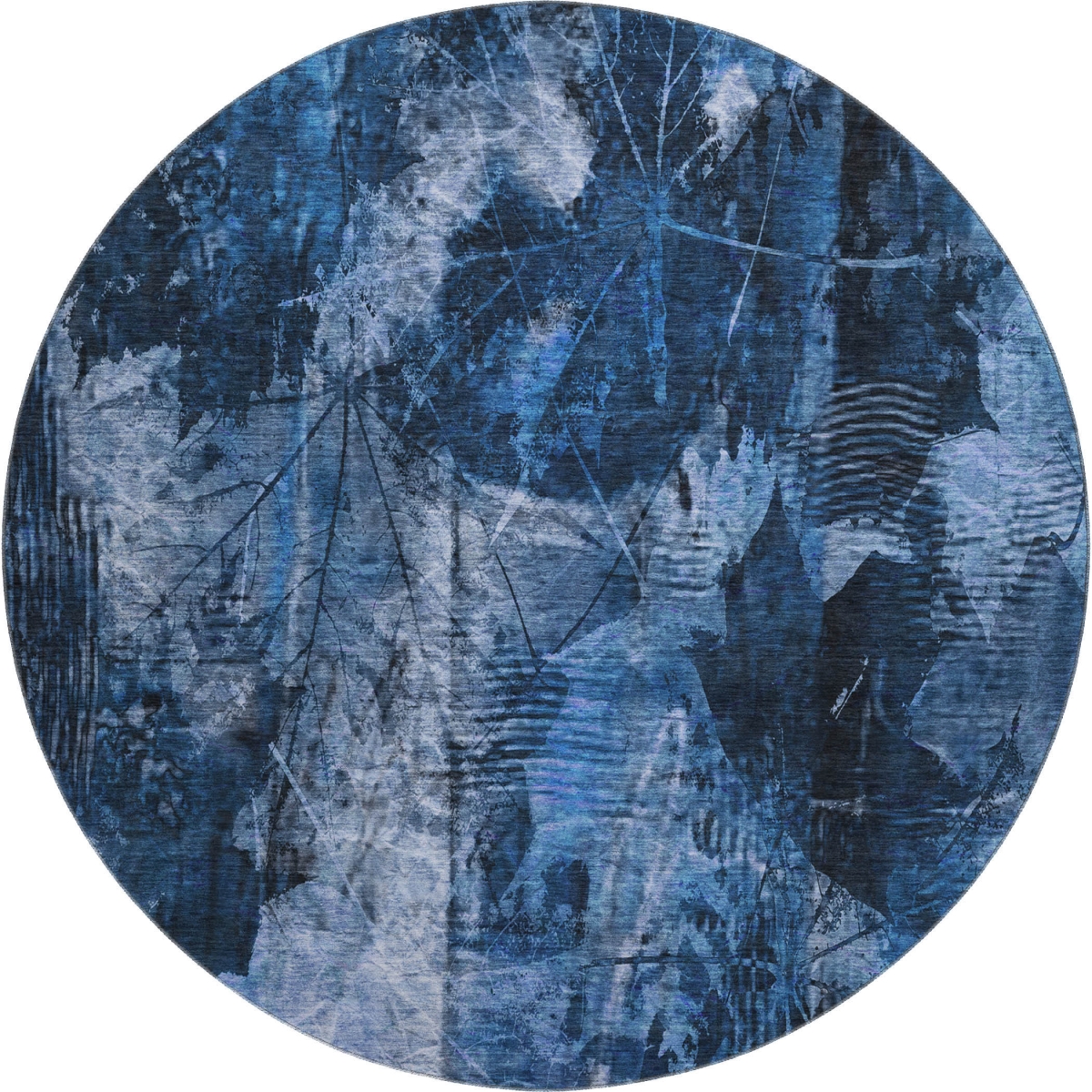 649075 8 ft. Navy Blue & Ivory Floral Transitional Washable Round Area Rug with UV Protection