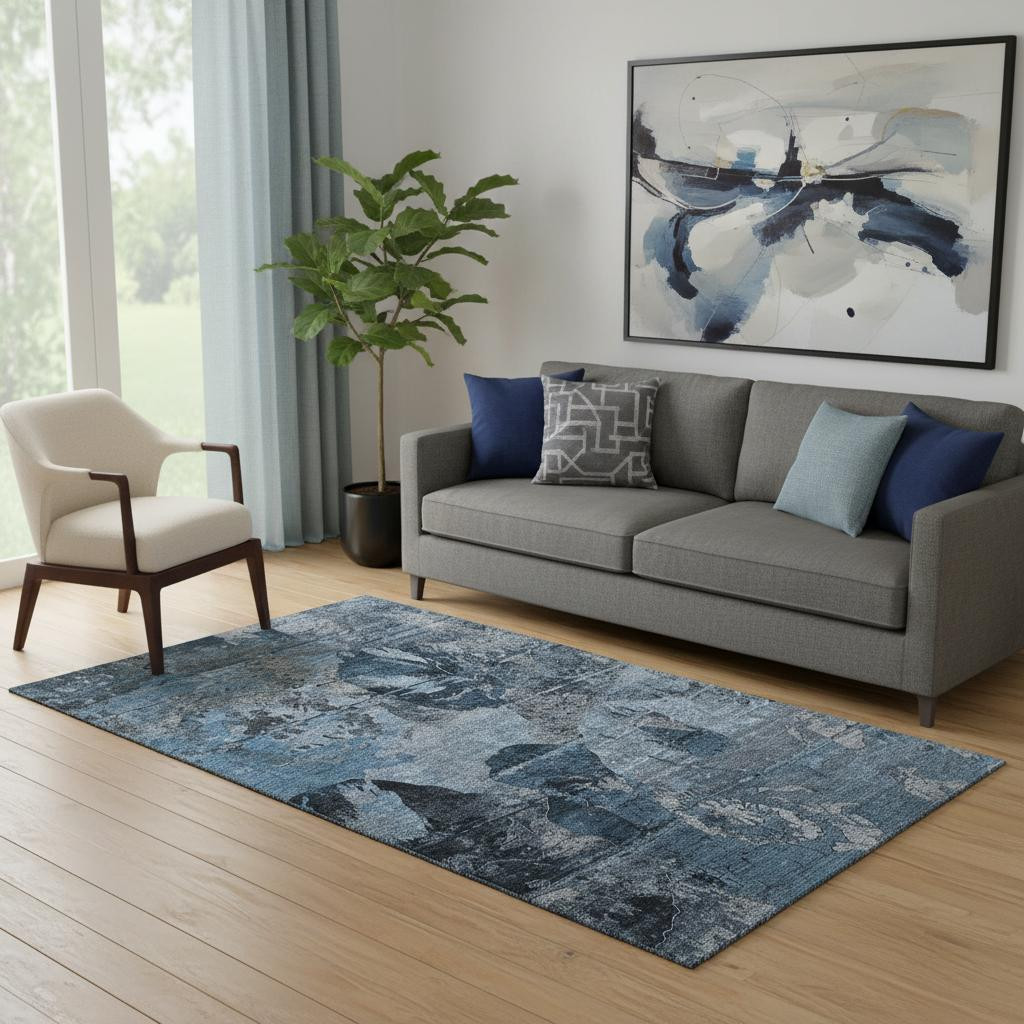 648840 5 x 8 ft. Denim Blue & Gray Abstract Washable Machine Made Rectangle Area Rug with UV Protection