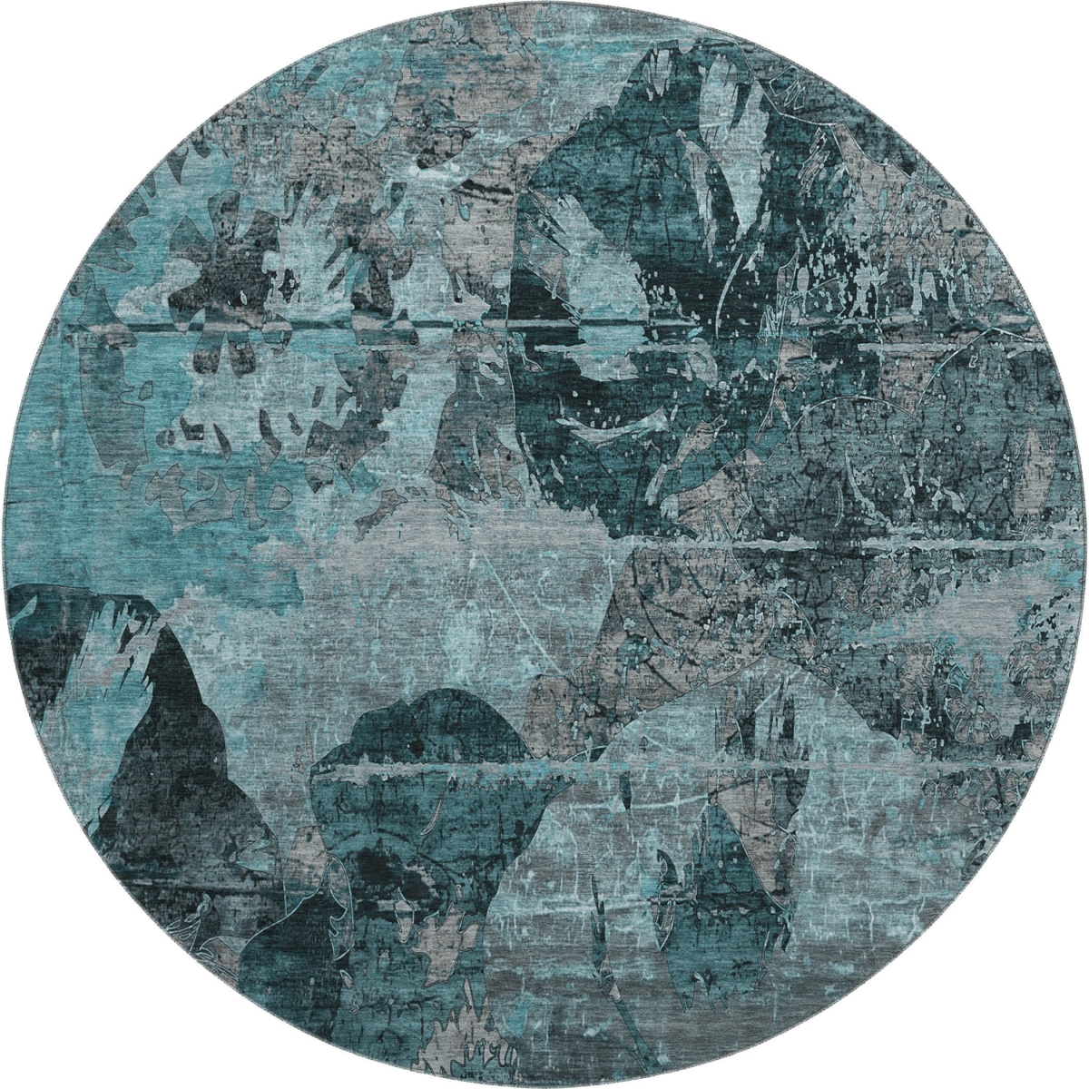 648877 8 ft. Teal & Gray Abstract Transitional Washable Round Area Rug with UV Protection