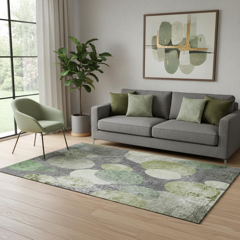 648906 5 x 8 ft. Green, Ivory & Gray Abstract Washable Machine Made Rectangle Area Rug with UV Protection
