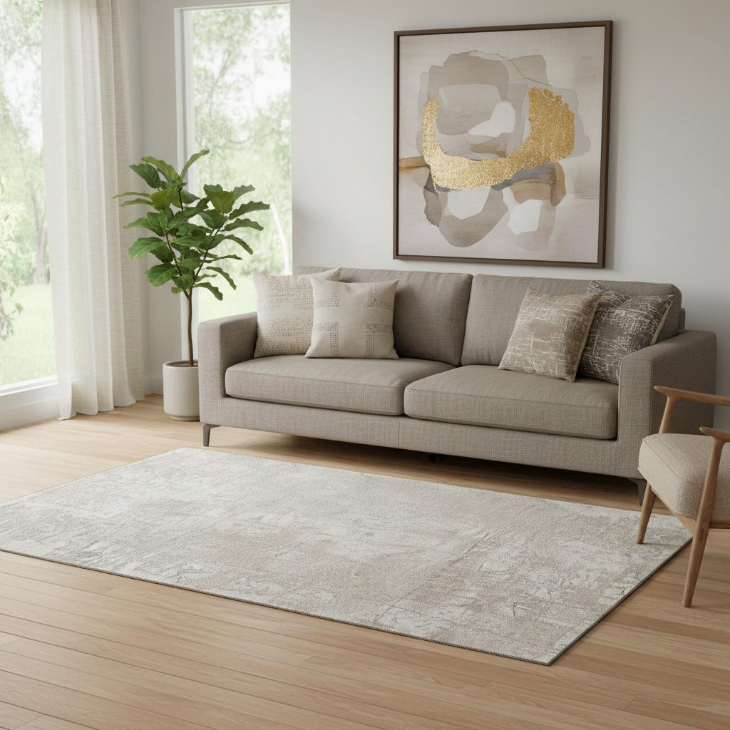 649032 5 x 8 ft. Ivory & Cream Abstract Washable Machine Made Rectangle Area Rug with UV Protection