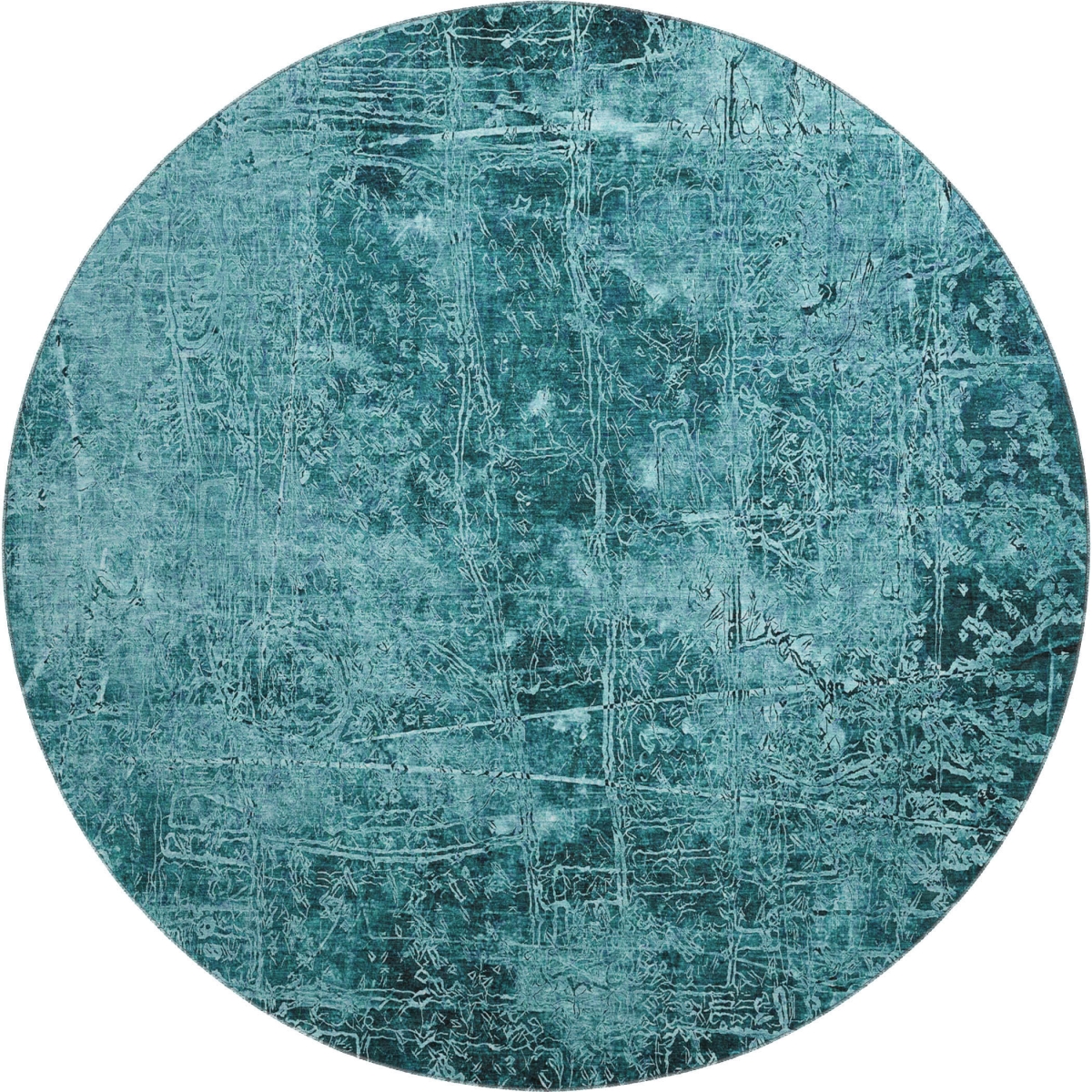649057 8 ft. Teal & Ivory Abstract Transitional Washable Round Area Rug with UV Protection