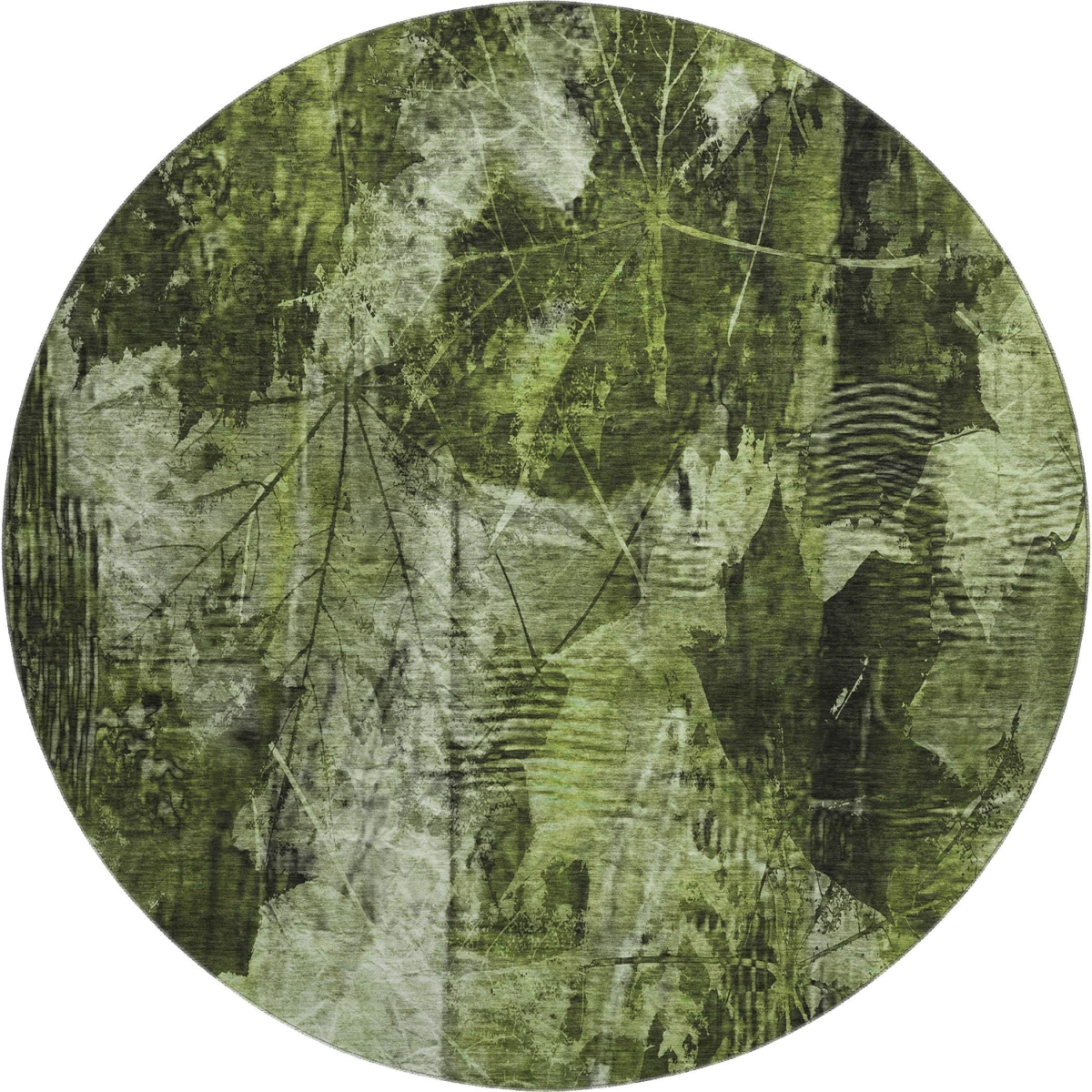 649069 8 ft. Green & Ivory Floral Transitional Washable Round Area Rug with UV Protection