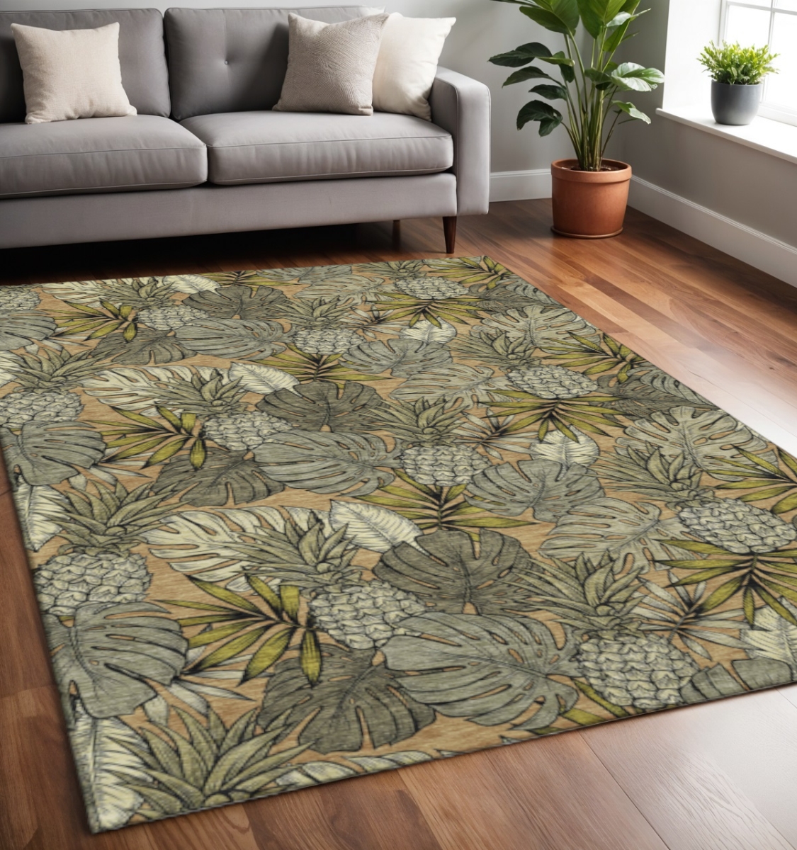 646369 5 x 8 ft. Khaki, Gray & Yellow Geometric Washable Machine Made Rectangle Area Rug with UV Protection