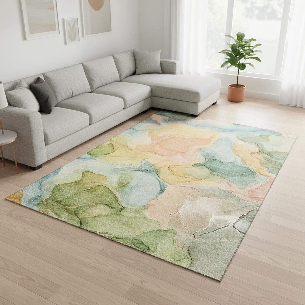 646704 10 x 14 ft. Blue, Green & Orange Abstract Washable Machine Made Rectangle Area Rug with UV Protection