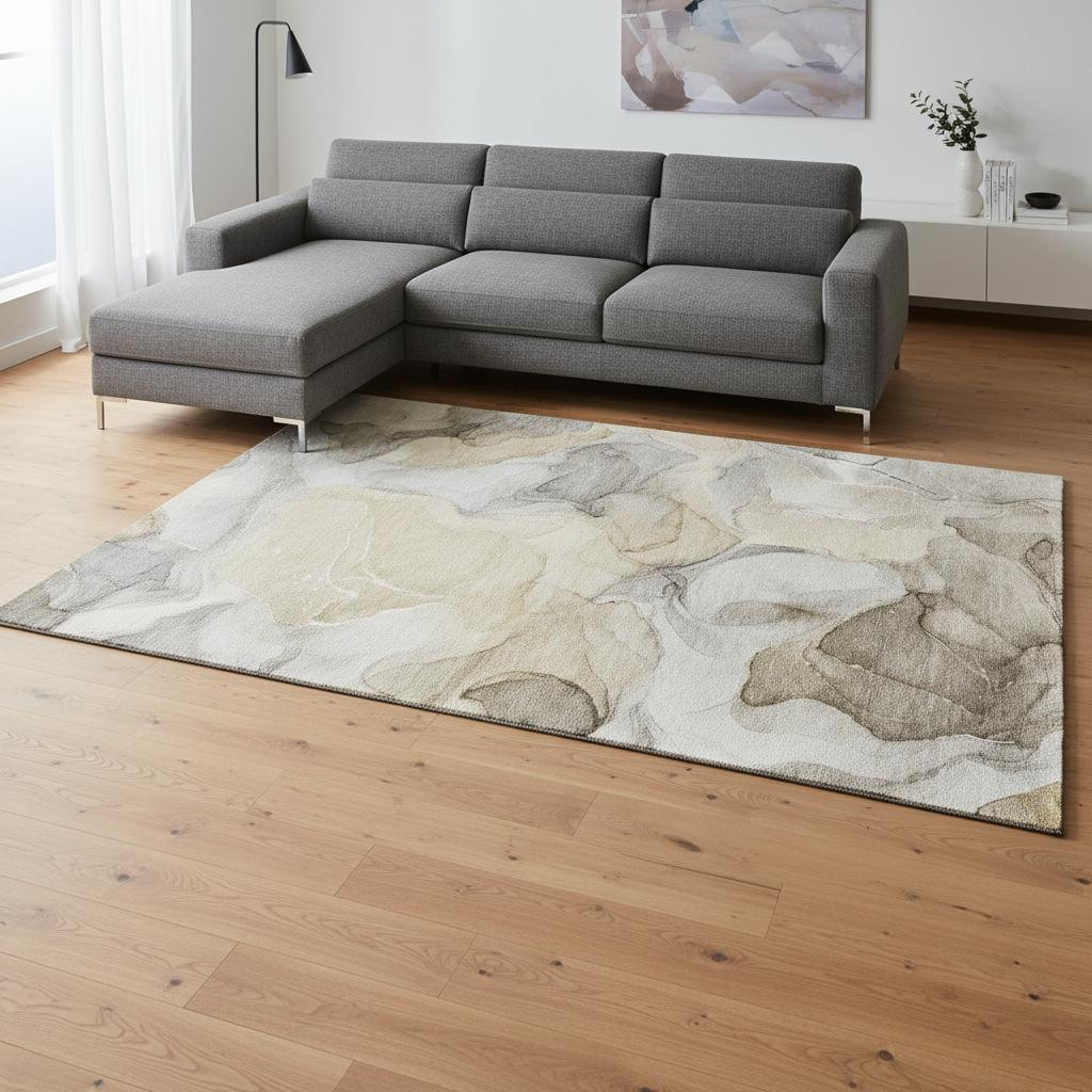 646709 9 x 12 ft. Brown, Gray & Ivory Abstract Transitional Washable Machine Made Rectangle Area Rug with UV Protection