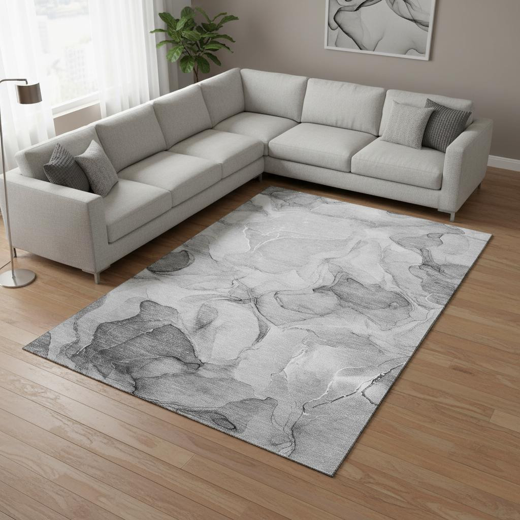646715 9 x 12 ft. Gray & Ivory Abstract Transitional Washable Machine Made Rectangle Area Rug with UV Protection