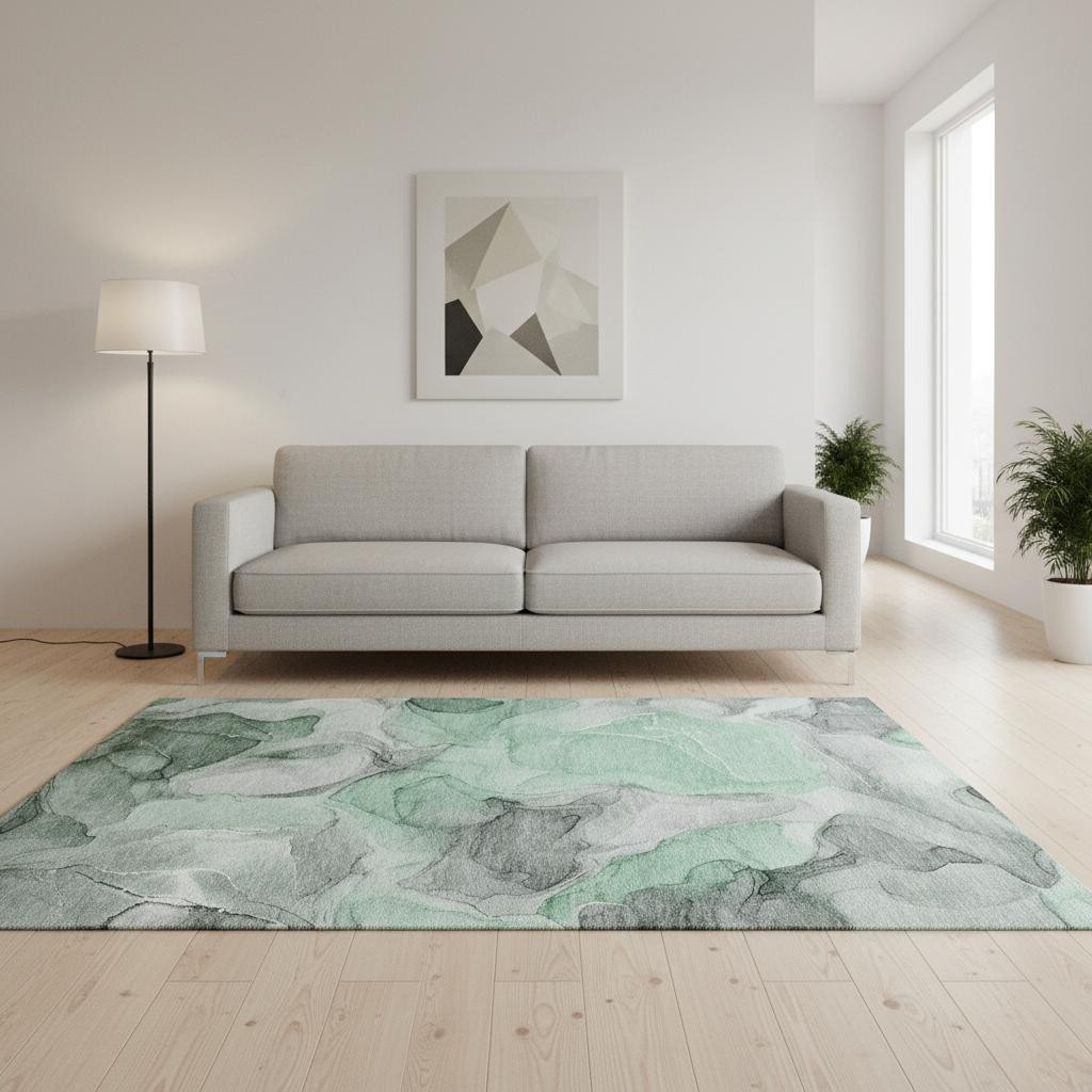 646718 5 x 8 ft. Green, Gray & Ivory Abstract Transitional Washable Machine Made Rectangle Area Rug with UV Protection