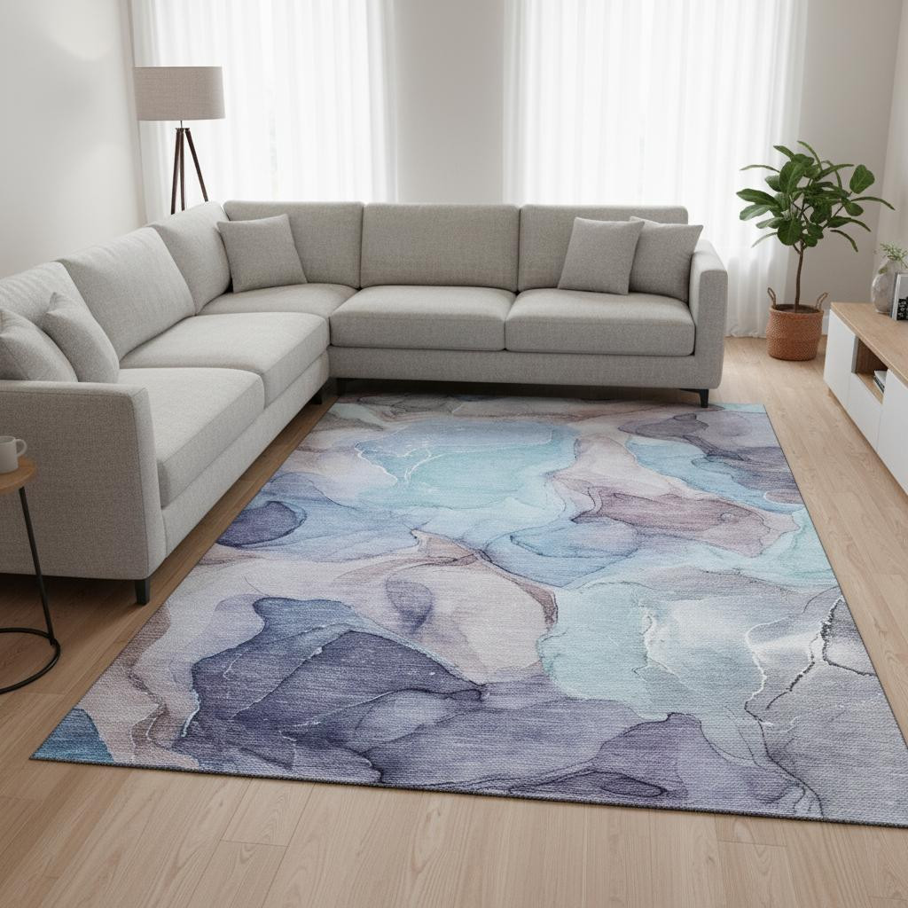 646726 8 x 10 ft. Navy Blue Purple & Gray Abstract Washable Machine Made Rectangle Area Rug with UV Protection