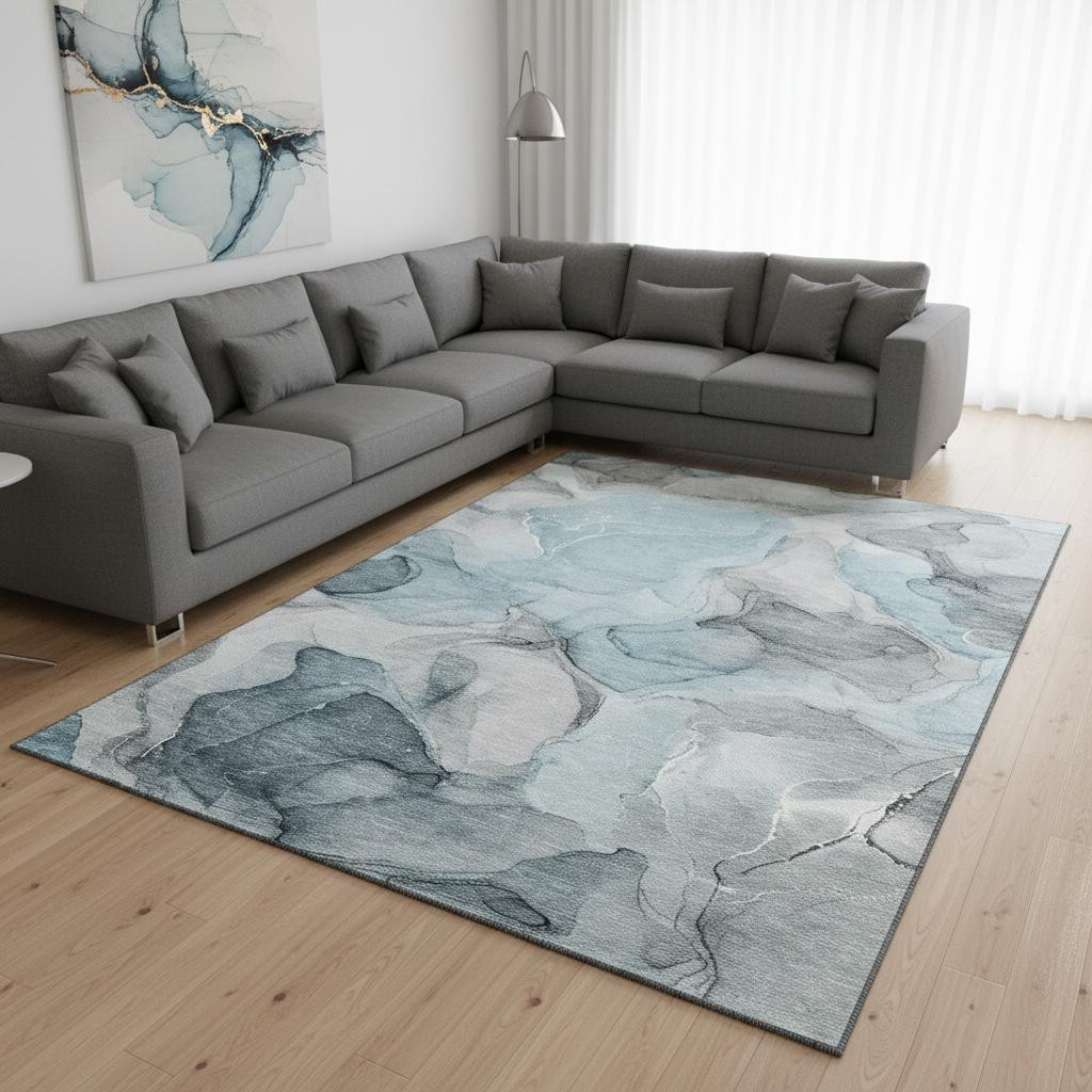 646745 9 x 12 ft. Teal & Gray Abstract Transitional Washable Machine Made Rectangle Area Rug with UV Protection
