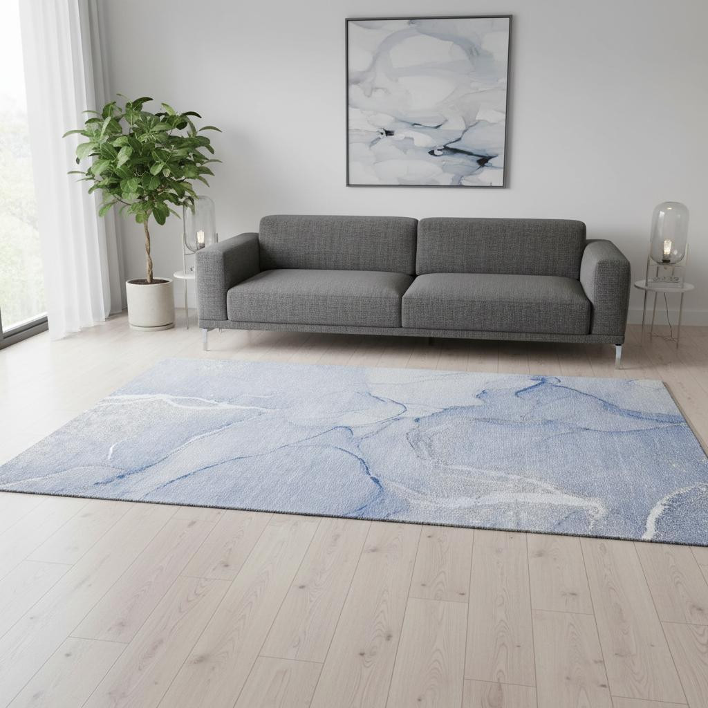 646956 5 x 8 ft. Blue & Ivory Abstract Transitional Washable Machine Made Rectangle Area Rug with UV Protection