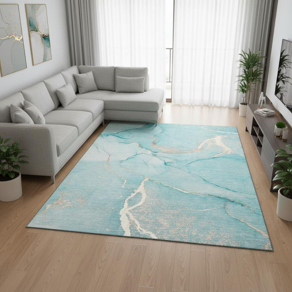 646971 9 x 12 ft. Teal & Ivory Abstract Transitional Washable Machine Made Rectangle Area Rug with UV Protection