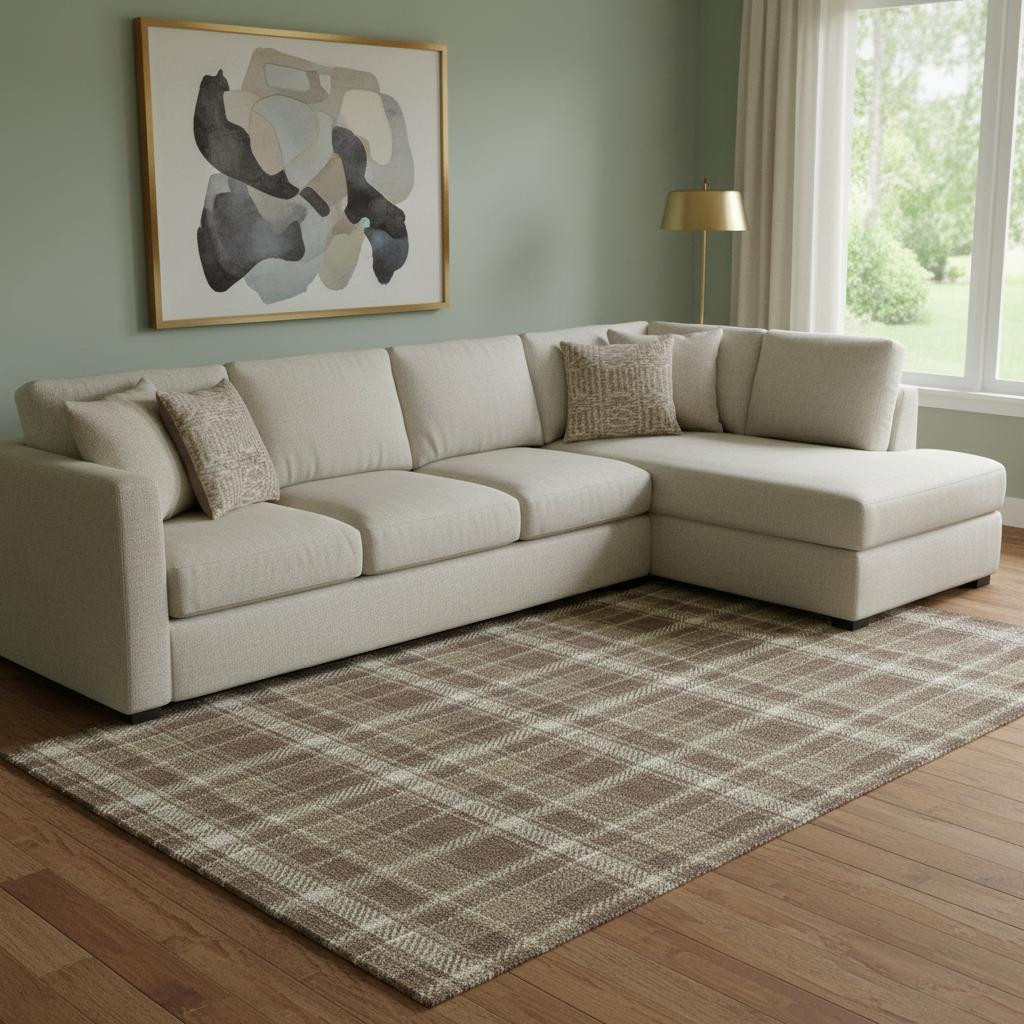 649432 10 x 14 ft. Chocolate & Ivory Plaid Washable Machine Made Rectangle Area Rug with UV Protection