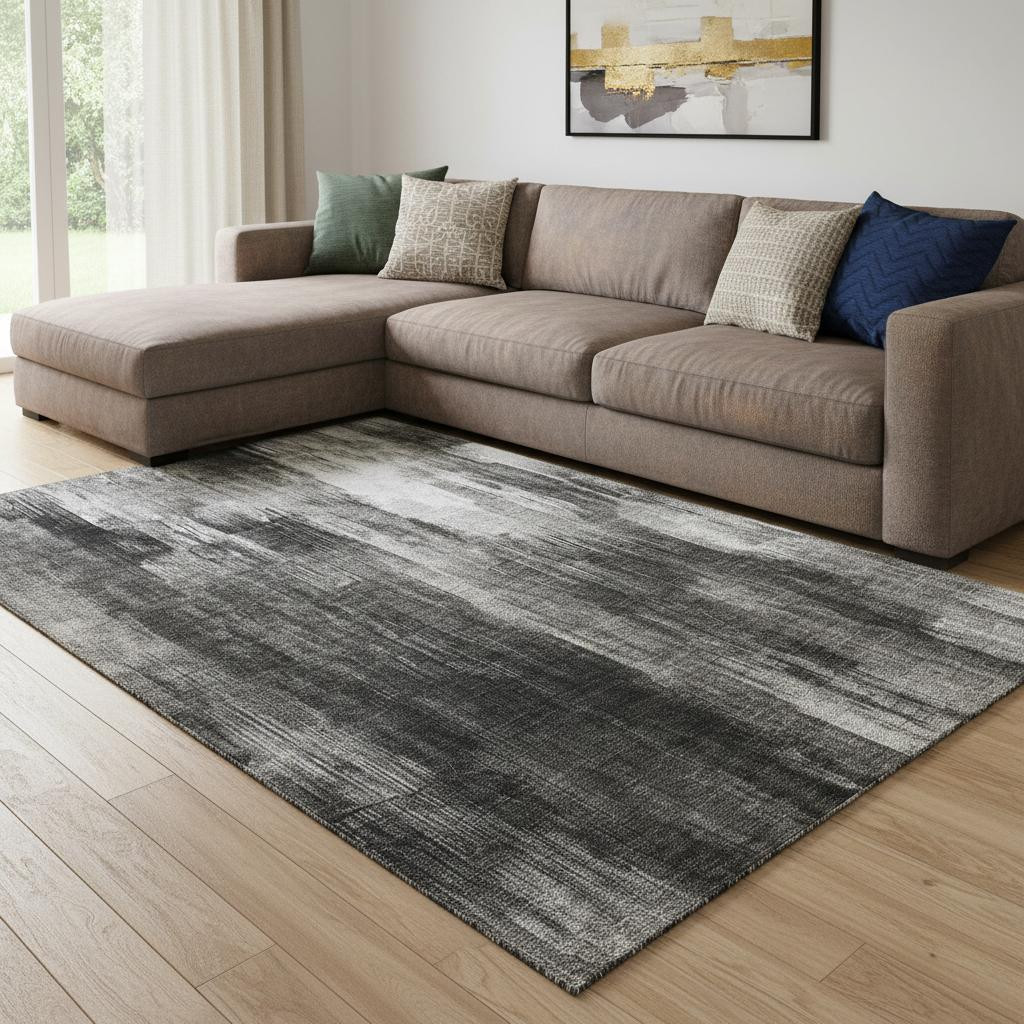 649606 10 x 14 ft. Gray & Ivory Abstract Transitional Washable Machine Made Rectangle Area Rug with UV Protection