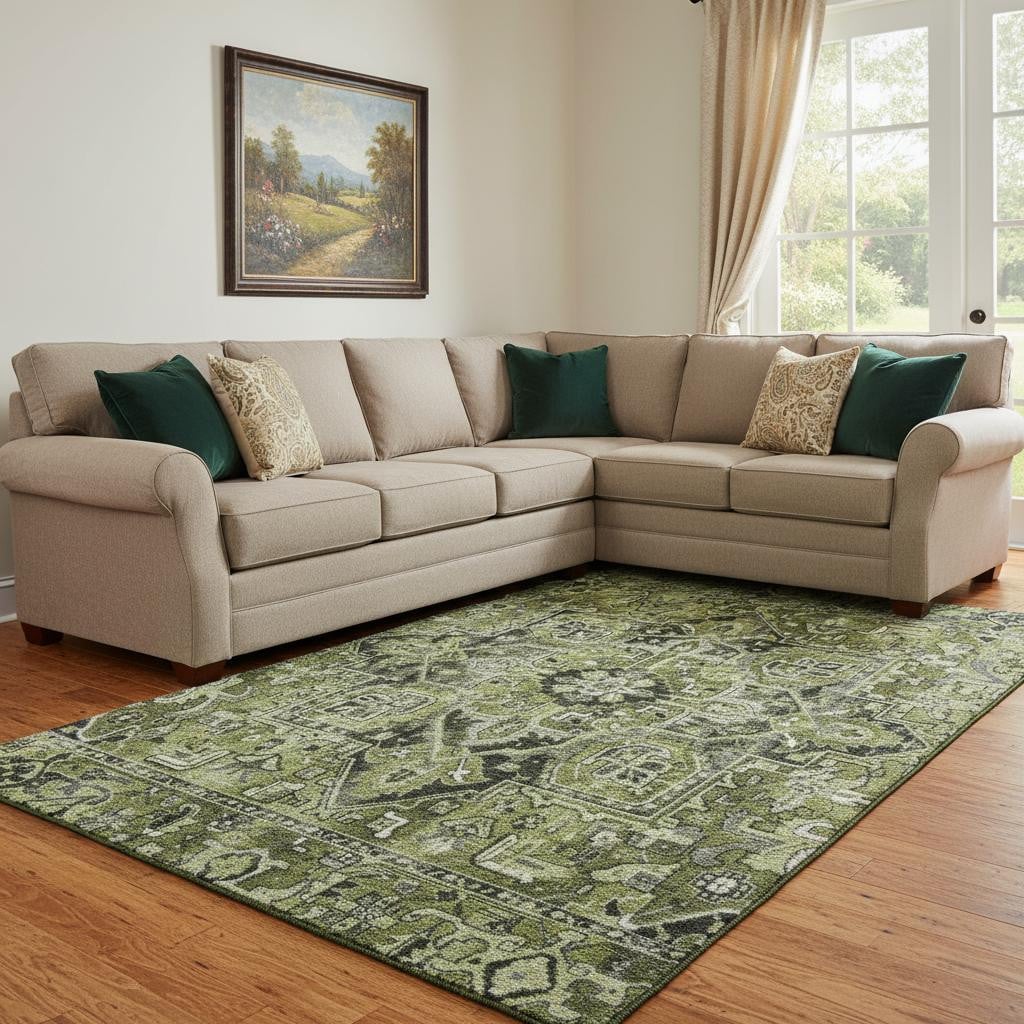 649720 10 x 14 ft. Olive Green, Gray & Ivory Oriental Washable Machine Made Rectangle Area Rug with UV Protection