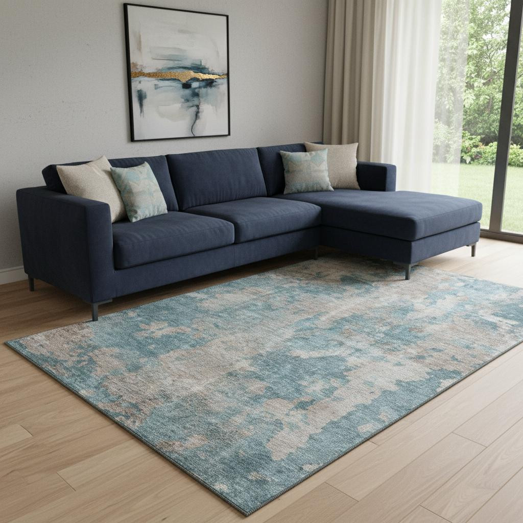 649852 10 x 14 ft. Teal & Ivory Abstract Transitional Washable Machine Made Rectangle Area Rug with UV Protection