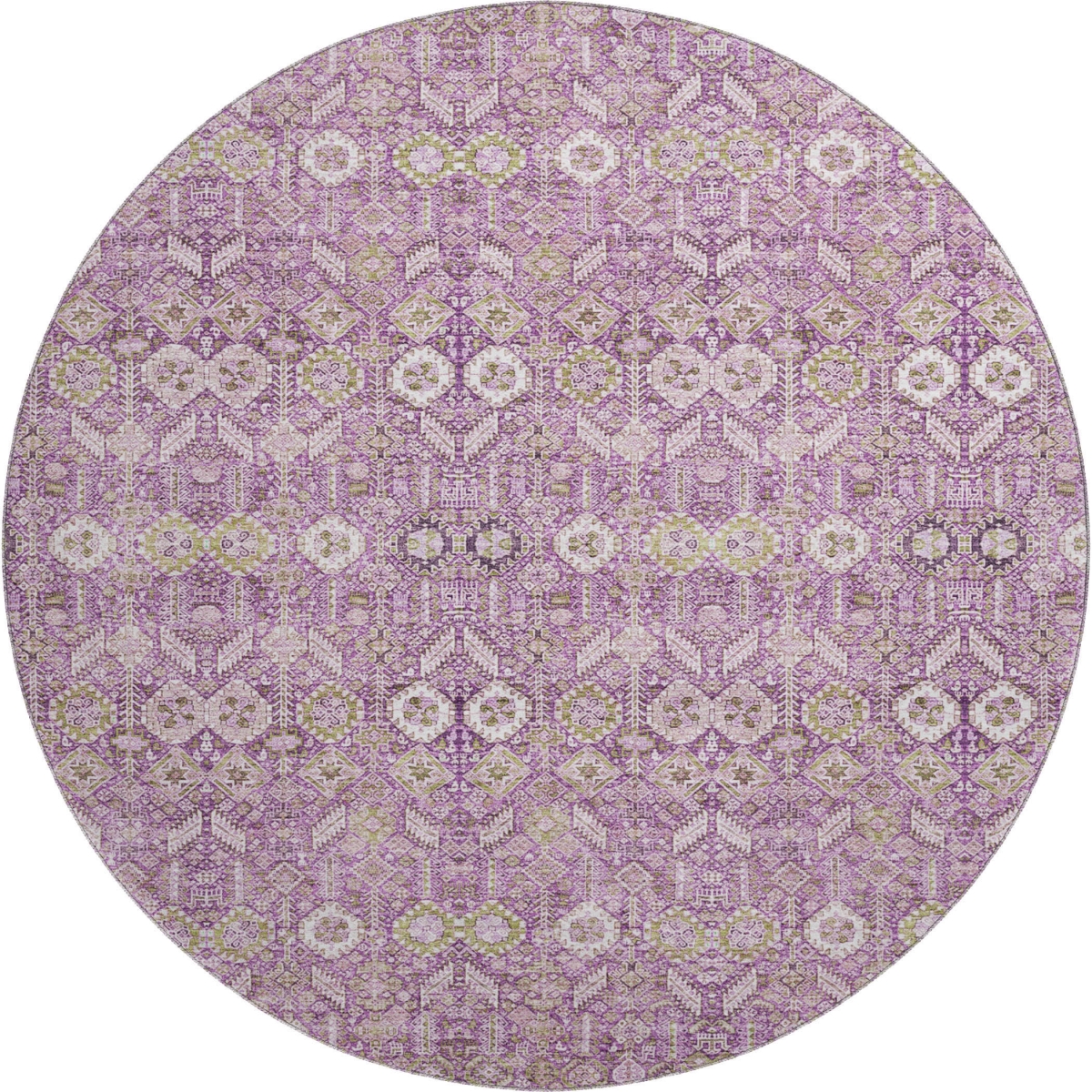 649879 8 ft. Lavender & Ivory Tribal Transitional Washable Round Area Rug with UV Protection