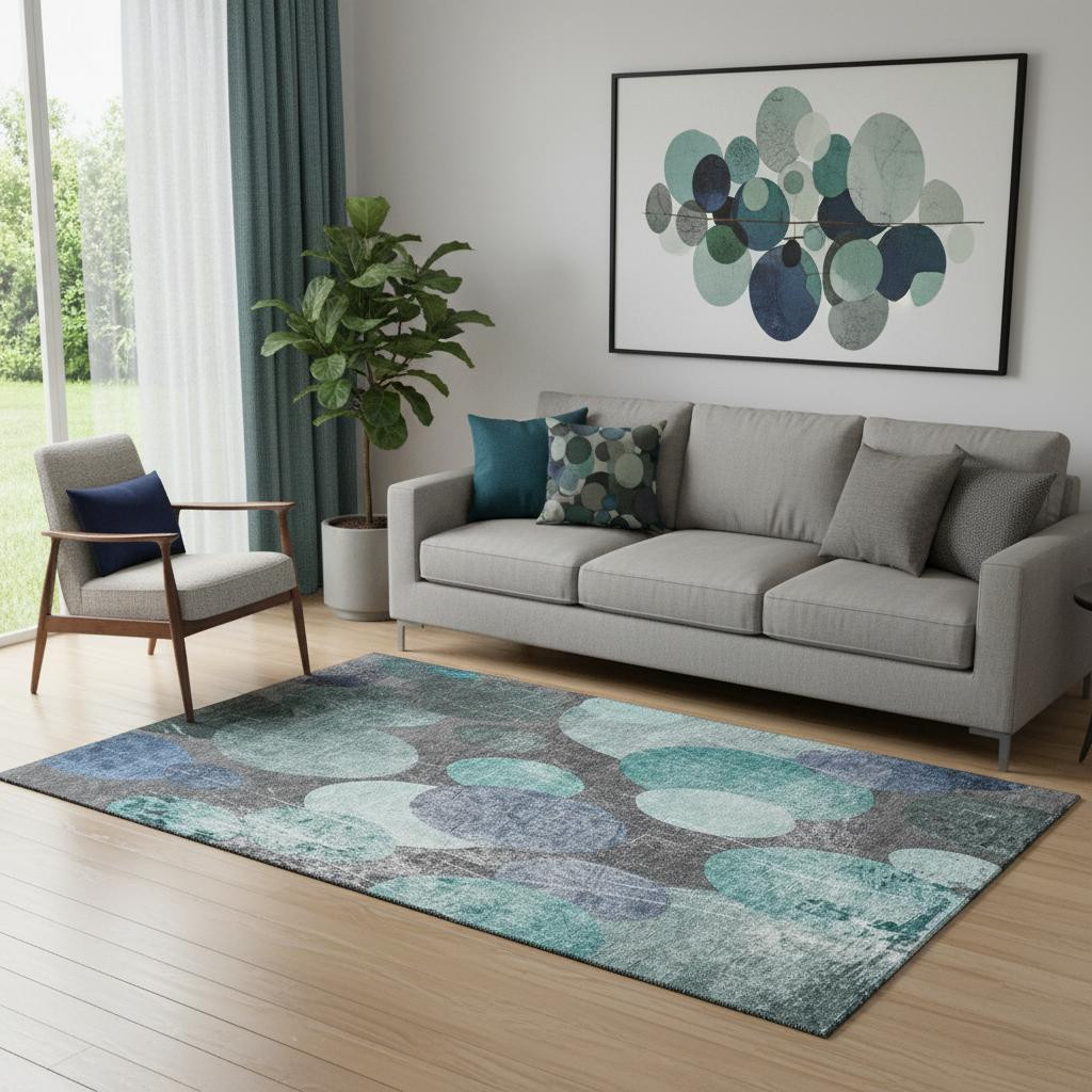 648912 5 x 8 ft. Teal & Gray Abstract Transitional Washable Machine Made Rectangle Area Rug with UV Protection