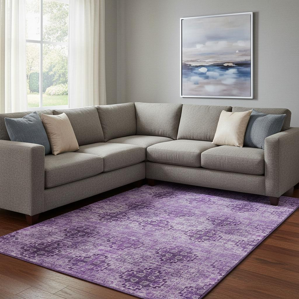 648922 10 x 14 ft. Eggplant & Ivory Floral Medallion Washable Machine Made Rectangle Area Rug with UV Protection