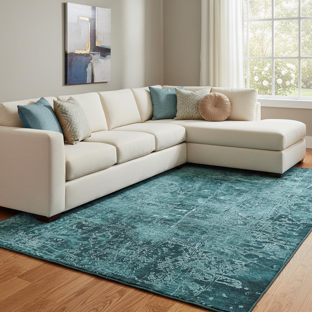 649060 10 x 14 ft. Teal & Ivory Abstract Transitional Washable Machine Made Rectangle Area Rug with UV Protection
