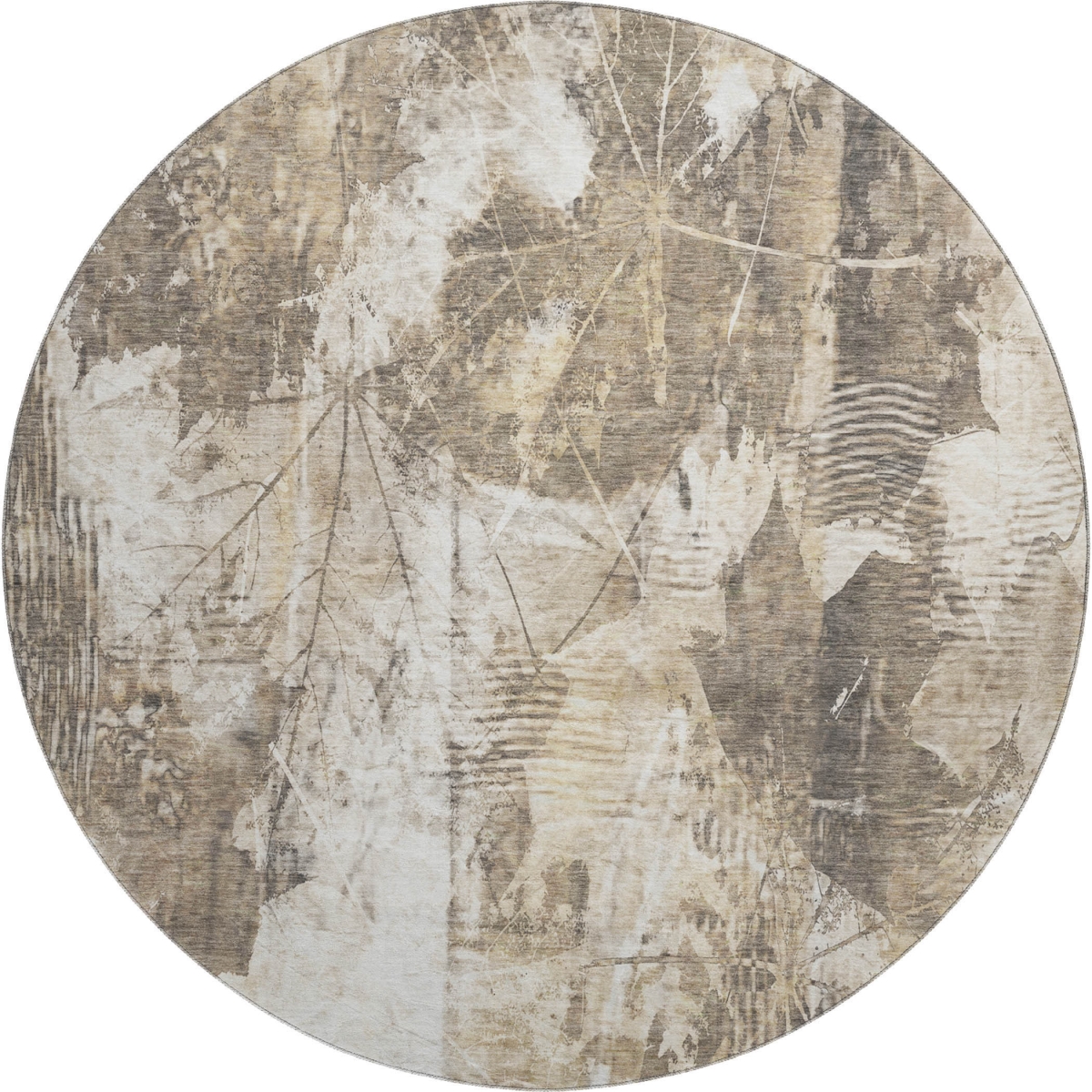 649063 8 ft. Beige & Ivory Floral Transitional Washable Round Area Rug with UV Protection