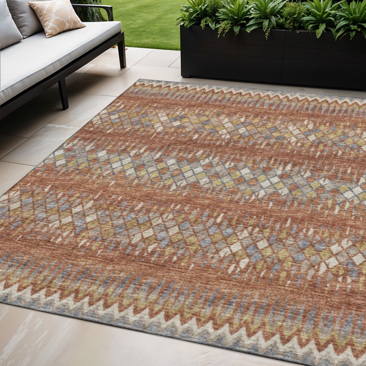 642579 5 x 8 ft. Cinnamon & Blue Ikat Washable Transitional Indoor & Outdoor Rectangle Area Rug