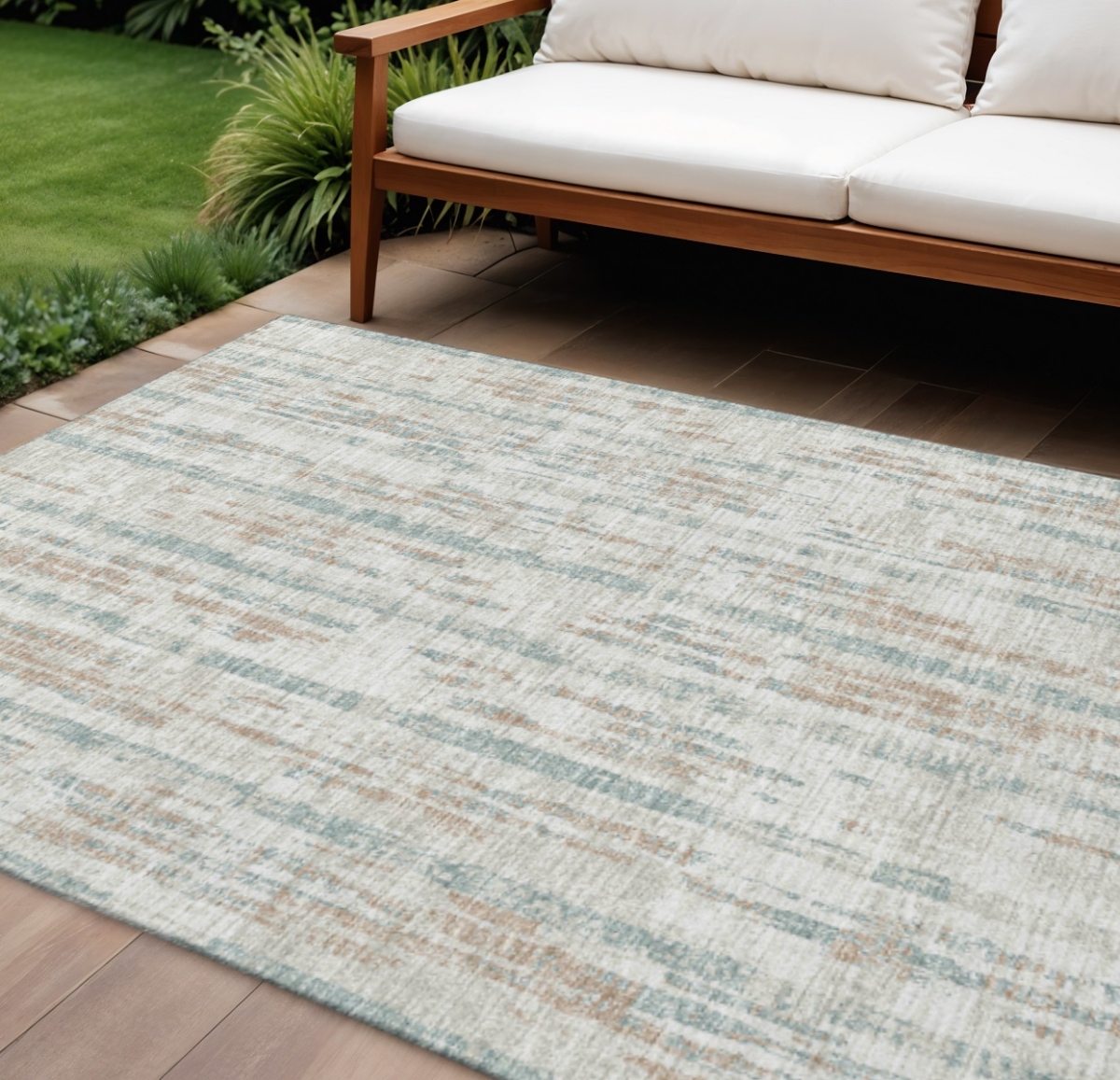642589 10 x 14 ft. Ivory & Blue Abstract Washable Transitional Indoor & Outdoor Rectangle Area Rug