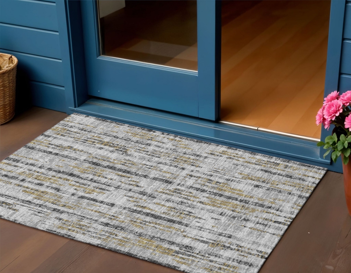 642590 3 x 5 ft. Silver Charcoal & Gold Abstract Washable Transitional Indoor & Outdoor Rectangle Area Rug