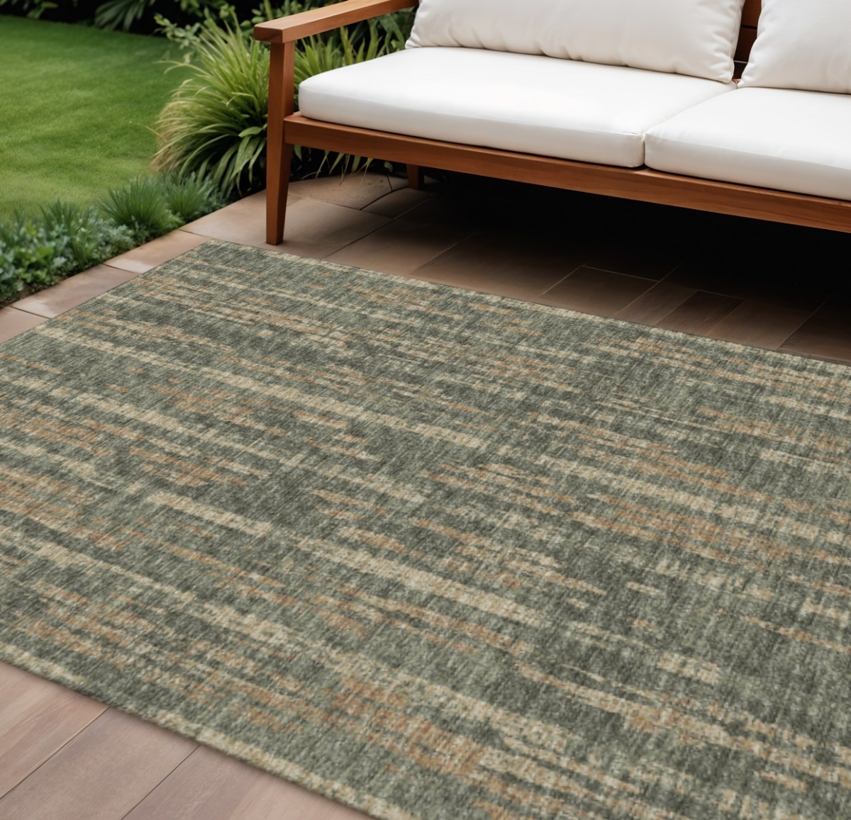 642600 9 x 12 ft. Green & Charcoal Abstract Washable Transitional Indoor & Outdoor Rectangle Area Rug