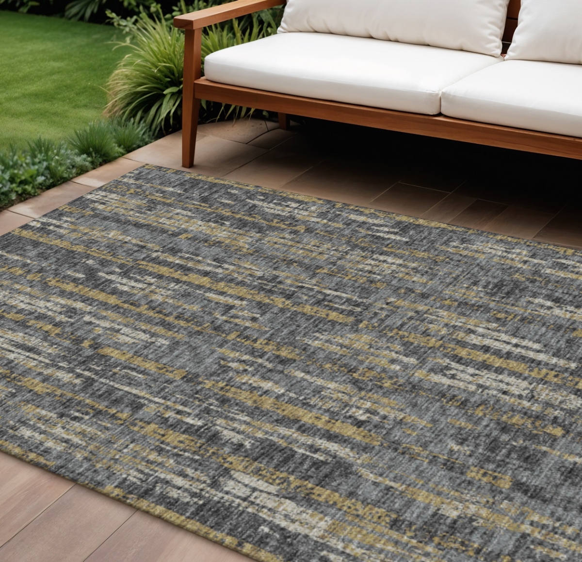 642606 9 x 12 ft. Granite Gray, Ivory & Gold Abstract Washable Transitional Indoor & Outdoor Rectangle Area Rug