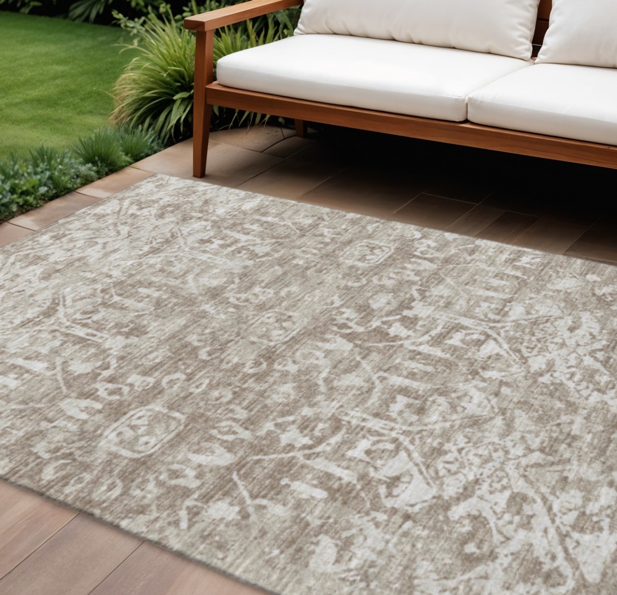 642619 10 x 14 ft. Taupe & Beige Damask Washable Traditional Indoor & Outdoor Rectangle Area Rug