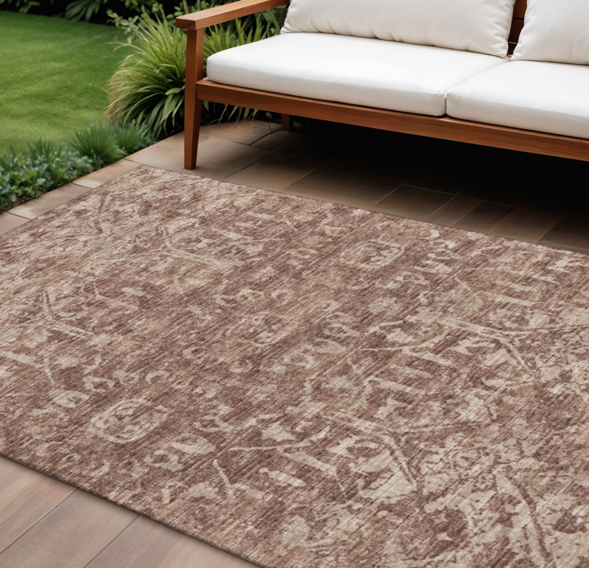 642654 9 x 12 ft. Chocolate & Ivory Damask Washable Traditional Indoor & Outdoor Rectangle Area Rug