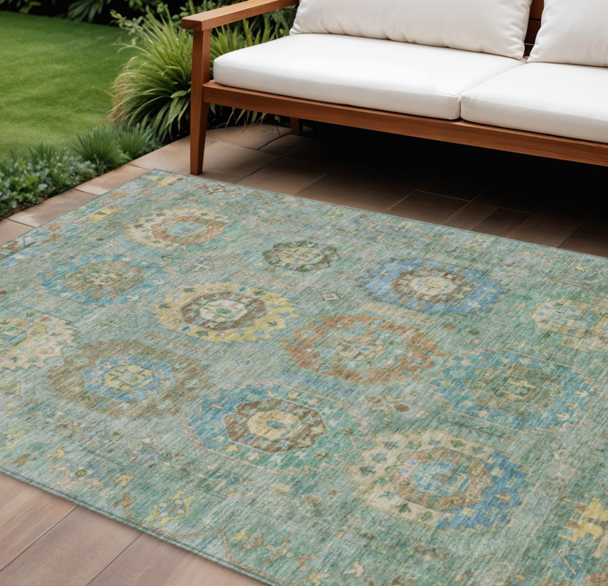 639435 9 x 12 ft. Teal Blue Gold & Copper Medallion Washable Traditional Indoor & Outdoor Rectangle Area Rug