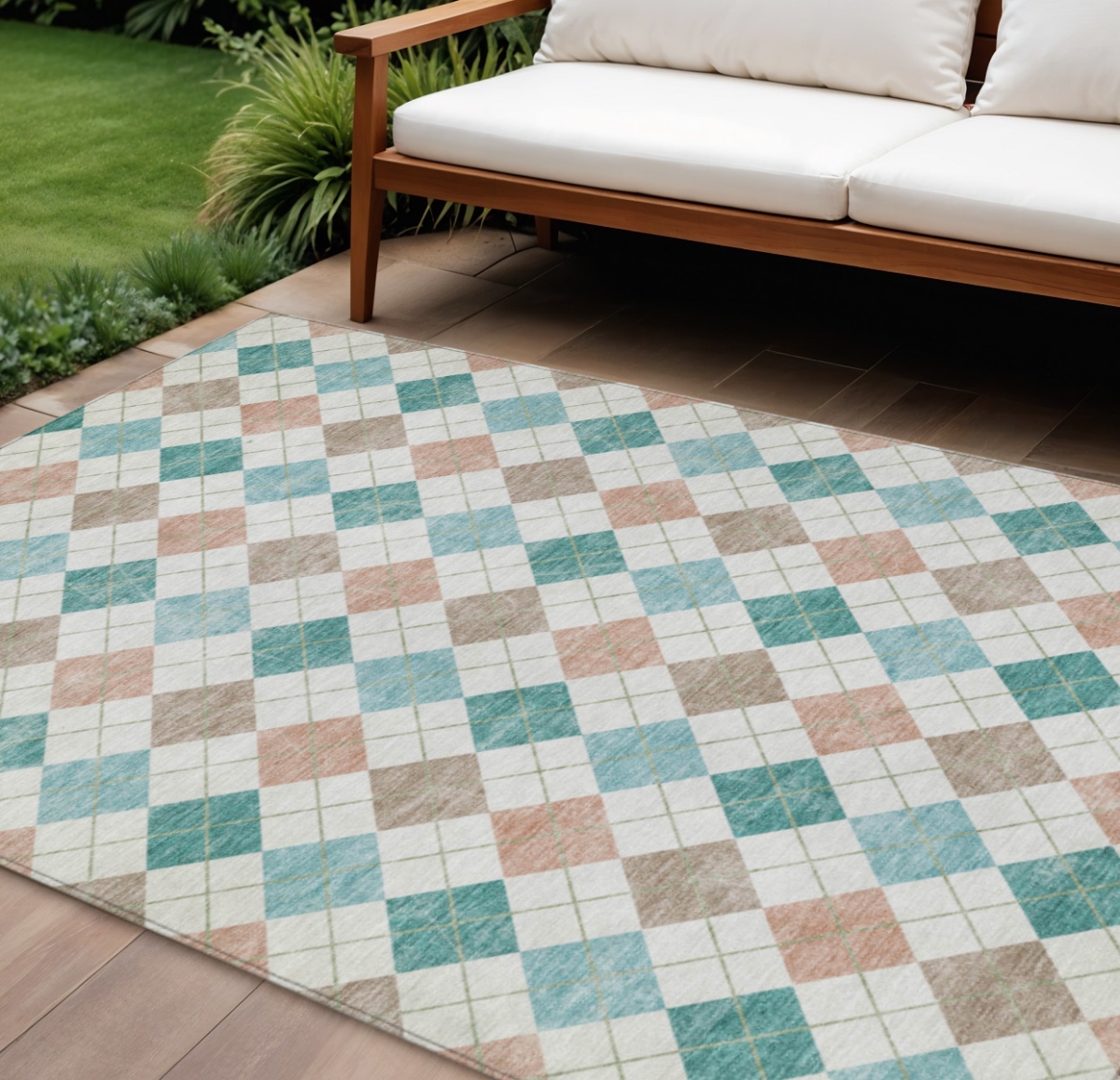 639818 8 x 10 ft. Aqua Peach & Ivory Geometric Washable Transitional Indoor & Outdoor Rectangle Area Rug