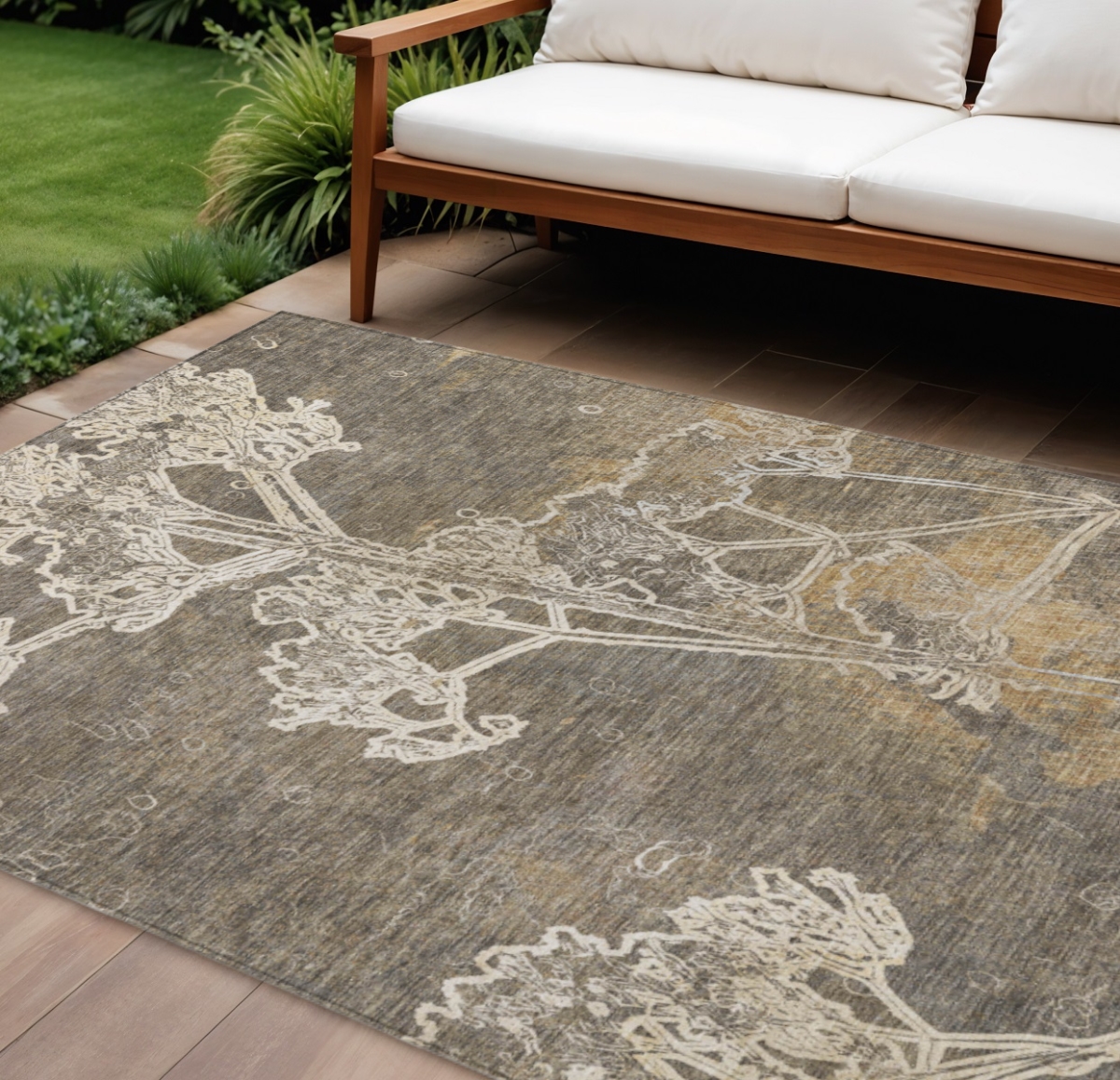 639850 10 x 14 ft. Khaki & Beige Floral Washable Transitional Indoor & Outdoor Rectangle Area Rug