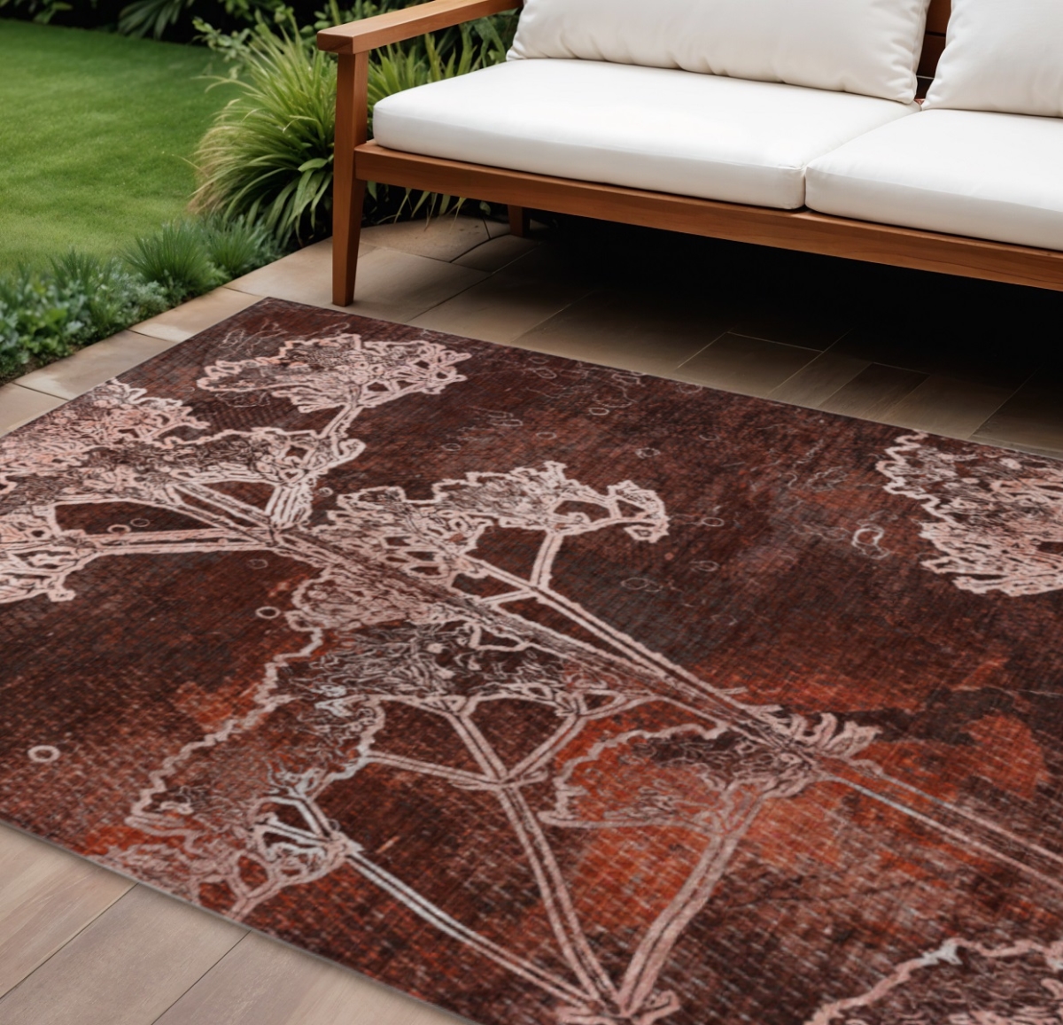 639855 9 x 12 ft. Merlot & Beige Floral Washable Transitional Indoor & Outdoor Rectangle Area Rug