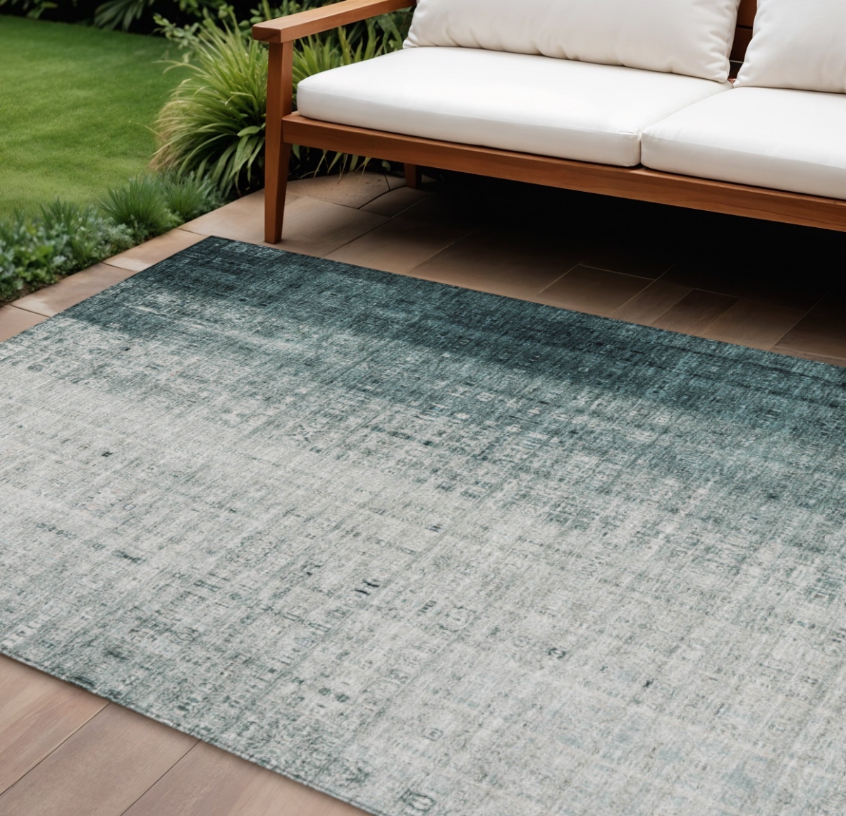 639902 8 x 10 ft. Teal, Blue & Ivory Striped Washable Transitional Indoor & Outdoor Rectangle Area Rug